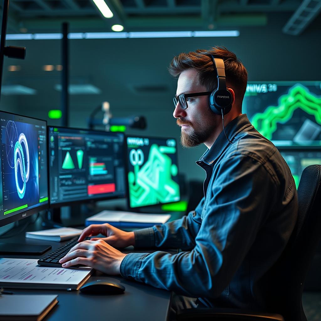 Billedet, jeg vil tage for at supplere denne artikel, skulle fange essensen af samarbejdet mellem Nvidia og MetAI i udviklingen af digitale tvillinger. I fokus vil stå en ingeniør, der dybt koncentreret arbejder ved en moderne arbejdsstation fuld af skærme, der fremviser 3D-visualiseringer fra Omniverse-platformen. Området vil være fyldt med teknisk udstyr, skitser og notesbøger, hvilket symboliserer den kreative proces og innovation, der er essentiel for denne teknologi. Kompositionen vil følge tredelingsteorien, hvor ingeniøren placeres til venstre, hvilket skaber dybde og tiltrækker beskuerens opmærksomhed mod den dynamiske visning på skærmene. For at skabe dette billede vil jeg anvende et Canon EOS R5-kamera med en RF 24-70mm f/2.8-linse, sat til ISO 400, blænde f/4 og en lukkertid på 1/80 sek. Denne opsætning vil sikre, at både motiverne og skærmene fremstår skarpe, mens baggrunden forbliver let sløret og fremhæver fokuspunktet. Under efterbehandlingen i Adobe Lightroom vil jeg justere kontrasten og farvetonerne for at fremhæve den futuristiske atmosfære, der kendetegner Nvidias og MetAIs bidrag til den moderne industri.