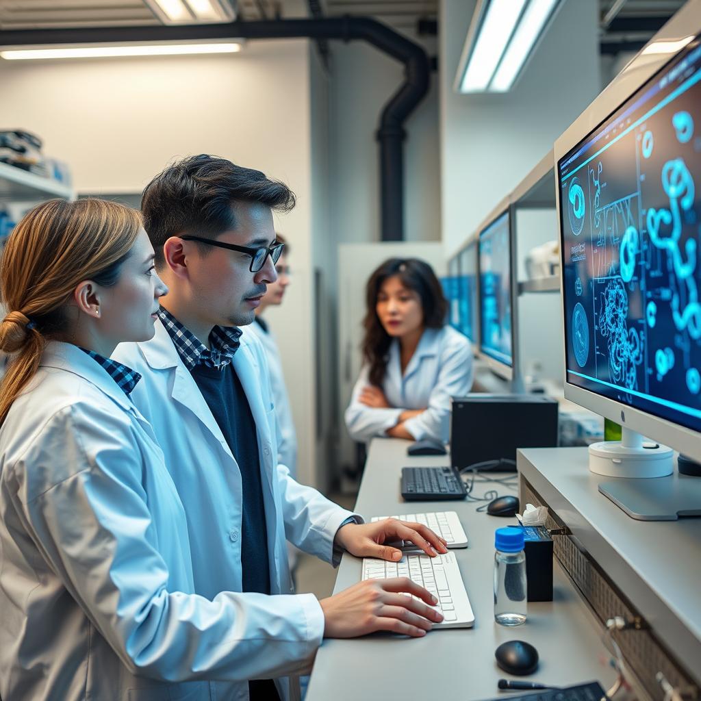 For at fange essensen af den midterste del af artiklen, ville jeg tage et billede af professor Ju Li i sit laboratorium, hvor han samarbejder med sine studerende om at bruge AI-baserede værktøjer til at analysere molekylære strukturer. Billedet ville vise professoren og hans forskerteam, der interagerer med både dataskærme, der viser komplekse simulationsdata, og 3D-modeller af molekyler. Kompositionen ville fokusere på deres ansigtstræk og koncentration, mens detaljer i deres arbejdsstationer er let uskarpe, hvilket også illustrerer det interaktive miljø og det samarbejdende arbejde. Jeg ville anvende en Nikon Z6 med en 35mm f/1.8 linse, indstillet til f/2 for at skabe en blød baggrund og sikre fokus på professoren og hans team. ISO ville være sat til 400 for at fange de naturlige lysforhold i laboratoriet, og lukkerhastigheden ville være 1/160 sek. Efterfølgende ville jeg bearbejde billedet i Adobe Photoshop for at justere lysstyrke og kontrast, hvilket fremhæver de futuristiske detaljer i deres teknologi og det dynamiske miljø i laboratoriet. Beskrivelsen ville fremhæve integrationspunkterne mellem AI-teknologi og traditionel forskning, og hvordan dette samarbejde åbner op for nye muligheder inden for materialeforskning.