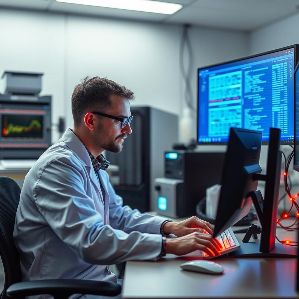 Til den første tredjedel af artiklen kunne et passende foto være et dynamisk billede af en forsker, der arbejder med en avanceret computer inden for et moderne laboratorium. Kompositionen kunne fange forskeren i en koncentreret stilling med ansigtet oplyst af skærmens bløde blå lys, mens komplekse datasæt er synlige på skærmen. Baggrunden kan inkludere hjørner af laboratoriet med LED-skærme og teknologisk udstyr, der fremhæver den innovative og futuristiske atmosfære, der præger Titan-forskningens omgivelse. Billedet kan tages med en Canon EOS R5, kombineret med en RF 24-70mm f/2.8L IS USM linse, ved en blændeåbning på f/2.8 for at skabe en let sløret baggrund, der intensiverer fokus på forskeren. Eksponeringsindstillingerne kan være ISO 800 ved 1/60 sek. for at balancere lysstyrken fra laboratoriet og de digitale skærme. Efterfølgende redigering kunne tilføje kontrast og skarphed for at understrege detaljerne i ansigtstræk og følelsen af fokus, som forskeren udviser i arbejdet med Titans arkitektur.