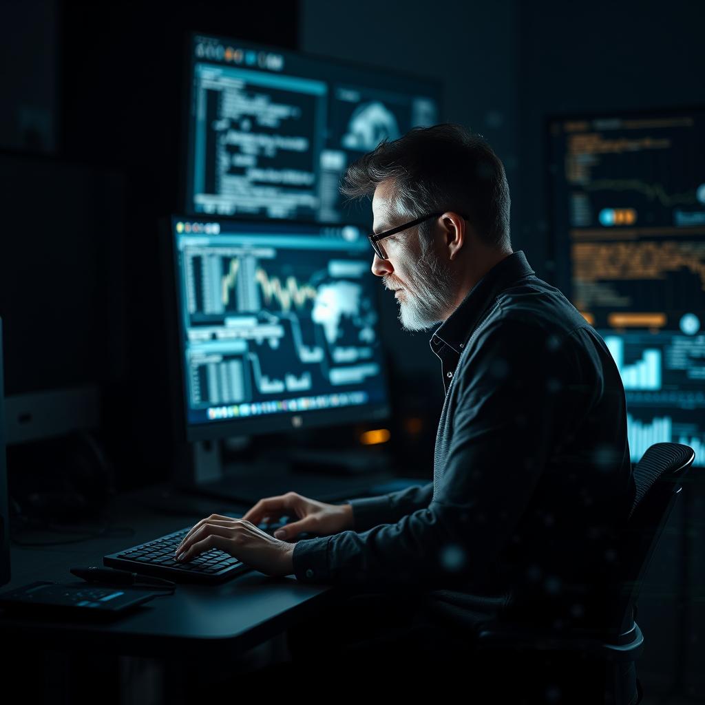 For at komplementere artiklen om sprogmodellers indflydelse, vil jeg tage et dynamisk billede af en moderne arbejdsstation, hvor en forsker engagerer sig med en stor sprogmodel. Billedet vil fange forskeren i fronten af en computer, mørke skærme, der lyser op i det dunkle rum og viser komplekse grafiske repræsentationer af data og algoritmer. Kompositionen vil inkludere en dybdeskarphed, hvor forskeren er skarpt fokuseret, mens skærmene svømmer i blød bokeh, hvilket symboliserer den udfordrende natur af at navigere i