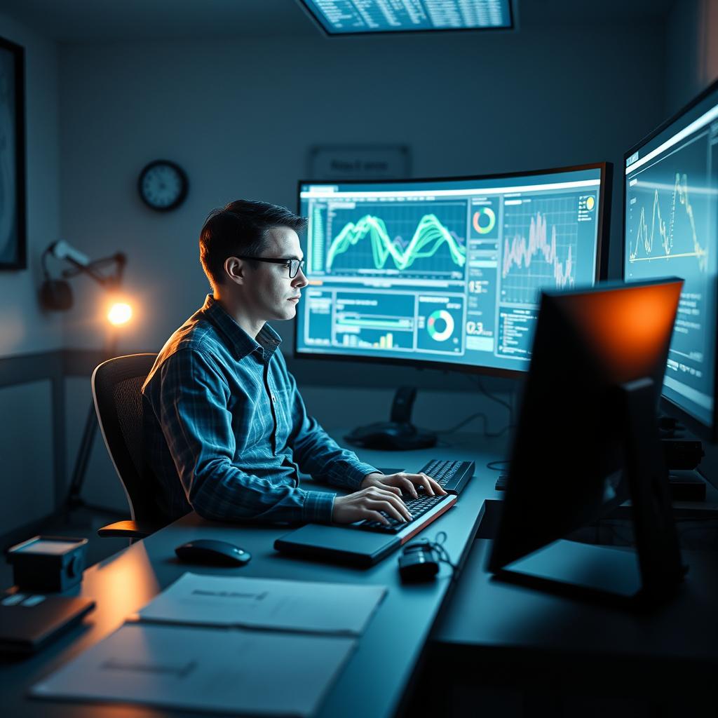 For at komplementere artiklen om sprogmodellers indflydelse, vil jeg tage et dynamisk billede af en moderne arbejdsstation, hvor en forsker engagerer sig dybt i analysen af en stor sprogmodel. Billedet vil centrere om forskeren, der sidder foran en computer med mørke skærme, der giver et blændende lys i det dunkle rum. Skærmene vil vise komplekse grafiske repræsentationer af data og algoritmer, hvilket fremhæver den kreative og tekniske udfordring, der ligger i at forstå