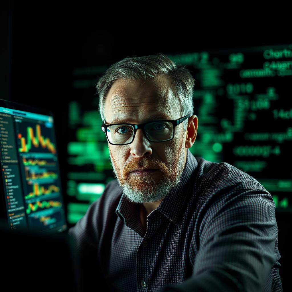 For at fange essensen af artiklen om sprogmodellers indflydelse, vil jeg tage et dynamisk billede af en forsker dybt engageret i analysen af en stor sprogmodel. Billedet vil vise forskeren siddende foran en moderne computer, hvor mørke skærme lyser op i et dunkelt rum, med komplekse grafiske data og algoritmer svævende mellem pixels. Kompositionen vil fokusere på en skarphed af forskerens ansigt, mens skærmene vil bløde ind i en bokeh-effekt, hvilket symboliserer den udfordrende natur af at forstå disse