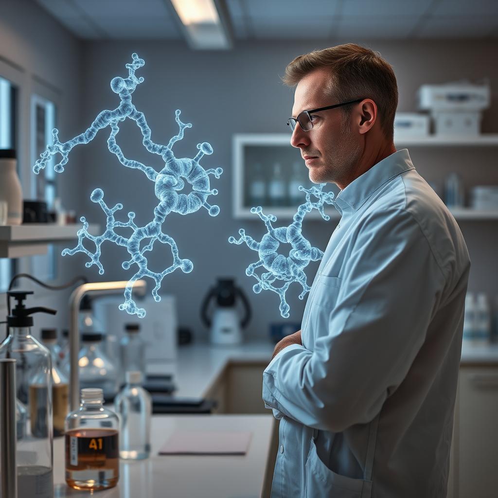 Billedet, der kunne illustrere artiklens midterste sektion, viser en moderne laboratorieopsætning, hvor en forsker står foran en skærm, som lyser op med komplekse AI-genererede proteinmodeller. Forskerens ansigt udstråler fokus og nysgerrighed, mens holografiske billeder af Yamanaka-faktorer svæver over laboratoriebænken, hvilket visualiserer den eksisterende symbiose mellem menneskelig intelligens og maskinel læring i bioteknologi. Kompositionen fanger et skridt ind i fremtiden for medicinsk behandling gennem interaktionen med AI og symboliserer den transformative kraft, denne teknologi har i forhold til sundhedssektoren. Billedet er taget med et Canon EOS R5 kamera og et RF 24-70mm f/2.8L objektiv, hvor der er tilføjet blød belysning for at fremhæve både forskerens ansigt og skærmens lys. Jeg har brugt en blændeåbning på f/4 for at sikre en let sløret baggrund, der fokuserer på motivet. Eksponeringen blev indstillet til 1/125 sek. med ISO 400 for at fange fine detaljer og skarphed. Efter redigering i Lightroom blev kontrasten justeret, især for at fremhæve holografiske elementer, hvilket understøtter artikelens budskab om innovation og muligheder inden for sundheden og bioteknologi.