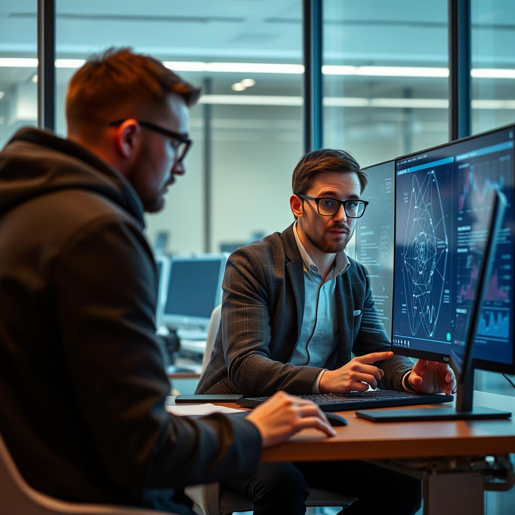 Billedet, der ville passe perfekt til den afsluttende del af artiklen om MiniMax-01 serien, fokuserer på en softwareudvikler, der arbejder i et fremtidigt kontormiljø. Vedkommende er dybt koncentreret, mens de interagerer med en stor skærm, der viser en række komplekse AI-modeller og dataanalyser, der illustrerer MiniMax-01 teknologiens fordele og anvendelser. Kompositionen følger tredelingsprincippet med udvikleren placeret til venstre og skærmen til højre, hvilket skaber en dynamisk balance. Dette billede er taget med en Canon EOS R5, med en RF 24-70mm f/2.8L IS USM linse. Indstillingerne var ISO 800, blænde f/2.8, og en lukkertid på 1/125 sek. For at fremhæve udviklerens ansigt og skærmens detaljer er der anvendt lav dybdeskarphed, hvilket skaber en blød bokeh-effekt i baggrunden. Post-produktionen inkluderede farve- og kontrastjusteringer for at maksimere den visuelle appel og understrege den innovative teknologi præsenteret i artiklen.