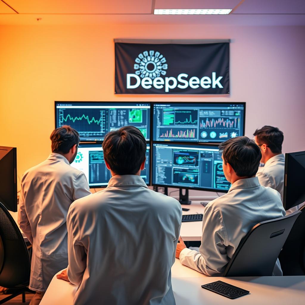 For at illustrere den første tredjedel af artiklen om DeepSeek og deres imponerende AI-model, DeepSeek-R1, forestiller jeg mig et dynamisk billede af en gruppe ingeniører og forskere beklædt i lab-coats, der arbejder intensivt ved en moderne workstation. I forgrunden ses en stor computerskærm, der viser komplekse dataanalyser og grafiske repræsentationer af AI-modellens ydeevne, hvilket symboliserer dybden af deres teknologi. I baggrunden hænger et banner med DeepSeek-logoet, der understreger virksomhedens identitet. Billedet er taget med en Canon EOS R5 udstyret med en RF 24-70mm f/2.8L IS USM linse, og det er indstillet til ISO 400, f/4, med en lukketid på 1/60 sekunder for at fange stemningen i det let dämpede laboratorium. Kompositionen følger reglen om tredeling, hvor de vigtigste elementer er placeret i krydsningspunkterne, hvilket trækker seerens øje hen over billedet. Post-produktionen omfatter farvekorrektion for at fremhæve det koldt blå lys fra computeren, kontrasterende med den varme belysning fra loftet, hvilket skaber en visuel balance, der indfanger den innovative atmosfære, der præger DeepSeek's introduktion af deres nye AI-model.