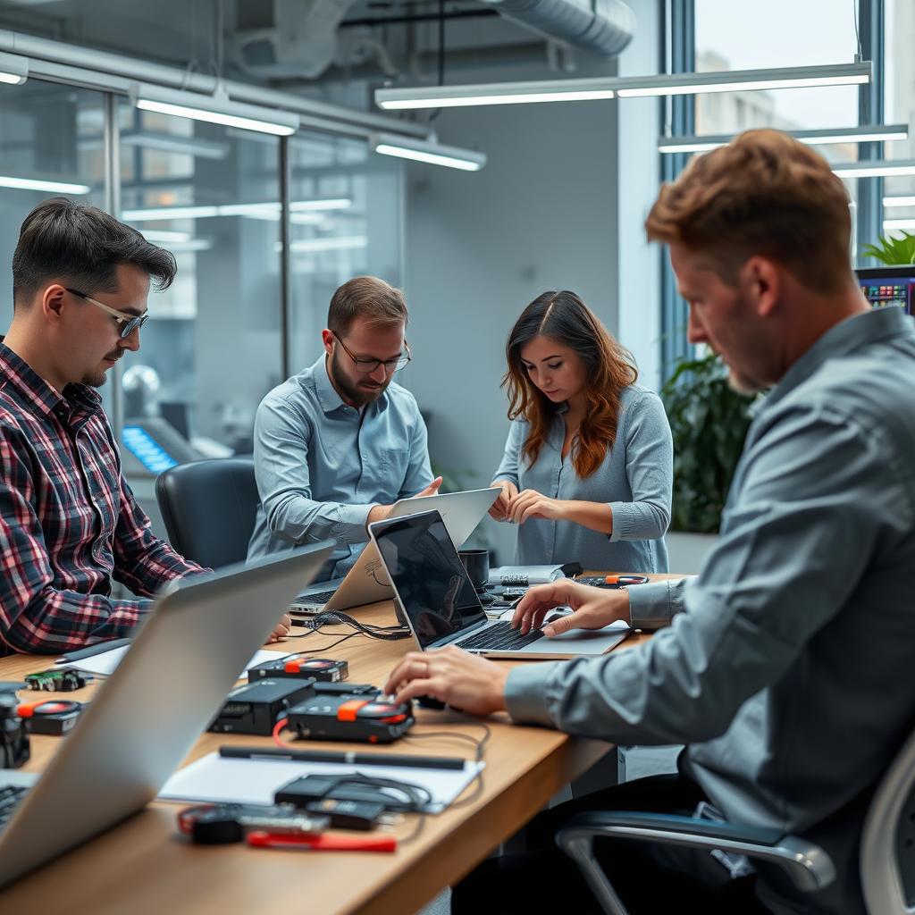 Det foreslåede foto vil fange essensen af det moderne AI-marked ved at skildre et hektisk kontormiljø, hvor teknikere og udviklere engageret arbejder på avancerede AI-chips og robotter. Billedet vil vise en gruppe professionelle, der står omkring et bord fyldt med elektronik, laptops og prototyper, mens de ivrigt diskuterer innovative idéer. Kompositionen vil følge tredelingsprincippet, så interaktionen mellem deltagerne og deres omgivende teknologi er i fokus, hvilket giver en dynamisk og inspirerende atmosfære. For at levere dette billede vil jeg anvende et Canon EOS R5 med en 24-70mm f/2.8 linse. Eksponeringsindstillingerne vil være indstillet til 1/125 sek, f/5.6 og ISO 400 for at sikre en klar og lys scene, der effektivt fanger bevægelsen og energien i dette koncentrerede arbejdsmiljø. Efterfølgende vil billederne blive redigeret i Adobe Lightroom for at fremhæve detaljerne og kontrasten, hvilket vil understøtte artiklens tema om mulighederne inden for AI-sektoren.