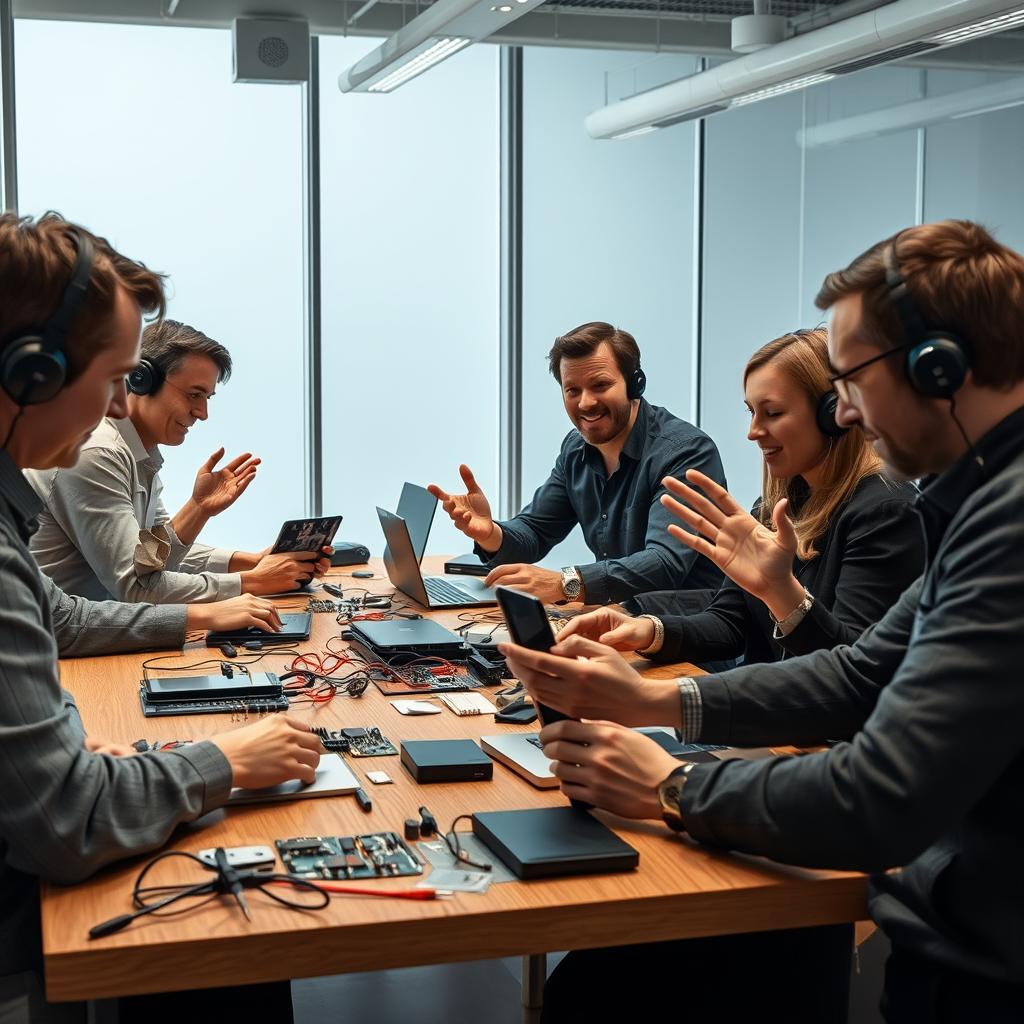 For at fange essensen af AI-markedet, vil billedet skildre et travlt kontormiljø, hvor teknikere og udviklere er dybt engagerede i deres arbejde med avancerede AI-chips og robotter. I billedet ses en gruppe professionelle samlet om et stort bord, der er fyldt med elektroniske komponenter, laptops, og prototyper. Deres ekspressive ansigtsudtryk og hænder, der gestikulerer, bidrager til en dynamisk interaktion, som illustrerer den energiske og innovative atmosfære i AI-sektoren. Kompositionen vil følge tredelingsprincippet for at skabe balance og fokusere på samspillet mellem mennesker og teknologi. Jeg vil bruge et Canon EOS R5-kamera med en 24-70mm f/2.8 linse for at opnå en skarp dybde og et bredt perspektiv. Eksponeringsindstillingerne vil være 1/125 sek, f/5.6 og ISO 400, hvilket sikrer tilstrækkelig lysstyrke og klarhed i dette hektiske miljø. Efterfølgende vil jeg redigere billederne i Adobe Lightroom for at fremhæve farverne og kontrasten, hvilket vil gøre teknologien og de involverede personer endnu mere fremtrædende og visuel appellerende. Dette billede vil ikke kun komplementere artiklens tema, men også inspirere læserne til at reflektere over AI's transformative kraft i erhvervslivet.