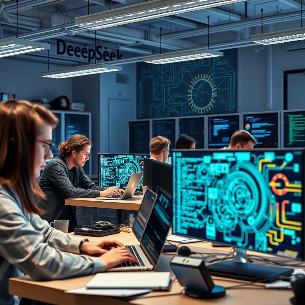 Til den midterste del af artiklen vil et passende foto vise et travlt forskningslaboratorium fyldt med moderne teknologi og skærme, hvor forskere aktivt analyserer data og udvikler AI-algoritmer. Billedet vil fokusere på en gruppe fagfolk i aktion, hvilende over laptops med komplekse kode og grafiske visualiseringer på skærmene, der symboliserer det dynamiske miljø, hvor DeepSeek arbejder. Kompositionen vil fange energien og samarbejdet blandt forskerne, mens fokus vil være på de detaljerede skærme der illustrerer den kreative proces, der er essentiel i udviklingen af R1-modellen. Jeg vil anvende et Canon EOS R5 med en 24-70mm f/2.8 linse, opsat på f/4 for at opnå en skarphed centreret på forskerne, mens baggrunden let udviskes for at give dybde. ISO sættes til 800 for at sikre skarpe detaljer i både højlys og skygger, og billedet vil blive redigeret i Adobe Lightroom for at fremhæve kontrasten mellem det moderne udstyr og den engagerede atmosfære. Denne visuelle fortælling vil effektivt kommunikere innovationens ånd og modstanden mod udfordringer i den kinesiske teknologiindustri, som artiklen behandler.