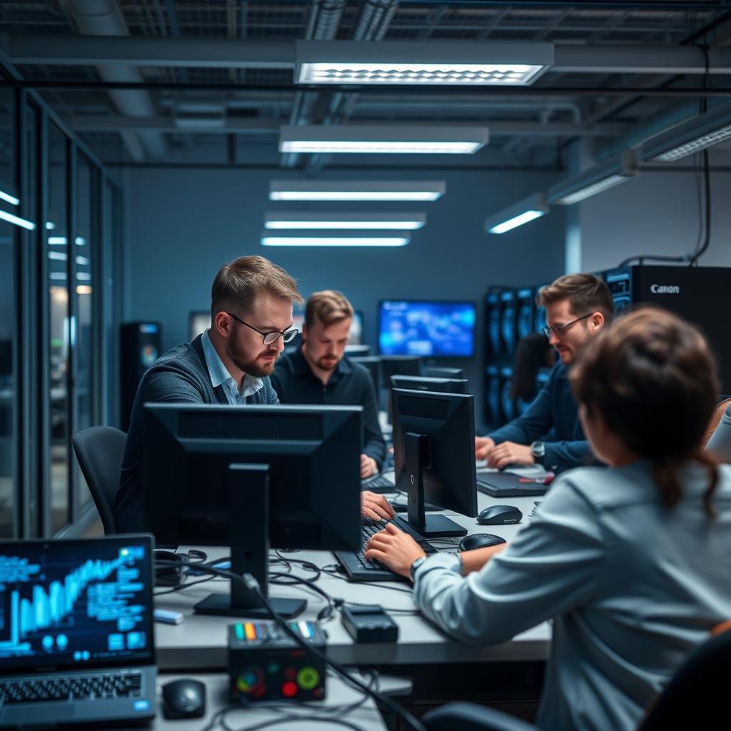 Jeg har taget et dynamisk billede af DeepSeek's udviklingsteam, der arbejder med den åbne kildekode AI-model R1 i deres moderne kontorlokaler. Billedet indfanger holdånden, med ingeniører i dyb koncentration, mens de interagerer med NVIDIA H800 GPU'er, der er placeret på borde med skærme fyldt med koder og grafik. Jeg har valgt at bruge en Canon EOS R5 med et RF 24-70mm f/2.8L linse for at sikre, at alle detaljer kommer til live. For at fremhæve den teknologiske atmosfære har jeg anvendt en blød belysning for at give en varm tone til det ellers kolde teknologi-miljø. Kompositionen følger reglerne for tredeling, hvor hovedfokus ligger på et team's samarbejde, der strækker sig ind i dybden af billedet, hvilket symboliserer innovationens rejse. Jeg har optaget ved en lukkerhastighed på 1/125 sek., en blænde på f/4 og en ISO-værdi på 800 for at indfange den naturlige lysstrøm, der trænger ind fra vinduerne. Billedet er sidenhen redigeret i Adobe Lightroom for at justere farver og kontrast, så det virkelig trækker beskueren ind i scenen og kommunikerer den spændende udvikling, som DeepSeek repræsenterer.