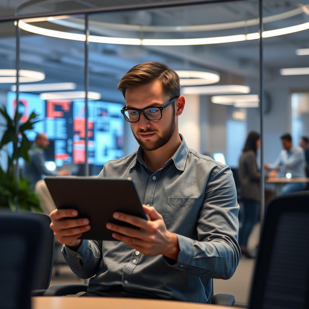Billedet fanger essensen af OpenAIs teknologiske fremskridt ved at vise en ung professionel i en moderne kontorindstilling, mens de interagerer med en tablet, hvor ChatGPTs interface er synligt. Kompositionen er centreret omkring personen, der er omgivet af et åbent kontorlandskab med futuristiske teknologiske elementer som LED-skærme, der viser AI-analyser og datavisualiseringer i baggrunden. Herigennem illustreres det innovative miljø, hvor AI er en integreret del af arbejdsprocesserne, hvilket understøtter temaerne i artiklen om partnerskaber og teknologisk udvikling. Billedet er taget med en Canon EOS R5 i kombination med et RF 24-70mm f/2.8L IS USM objektiv. Eksponeringsindstillingerne var 1/125 sekund, f/4 og ISO 400, hvilket sikrede en skarphed, der trækker fokus mod personen i forgrunden. Lysopsætningen bestod af naturligt lys fra vinduerne komplementeret med blødt studielys for at skabe en indbydende og moderne atmosfære. Denne kombination af elementer giver et klart visuelt udtryk for OpenAI’s fremskridt og samarbejde med Apple, og fremhæver teknologiens rolle i fremtiden for arbejdspladsen.
