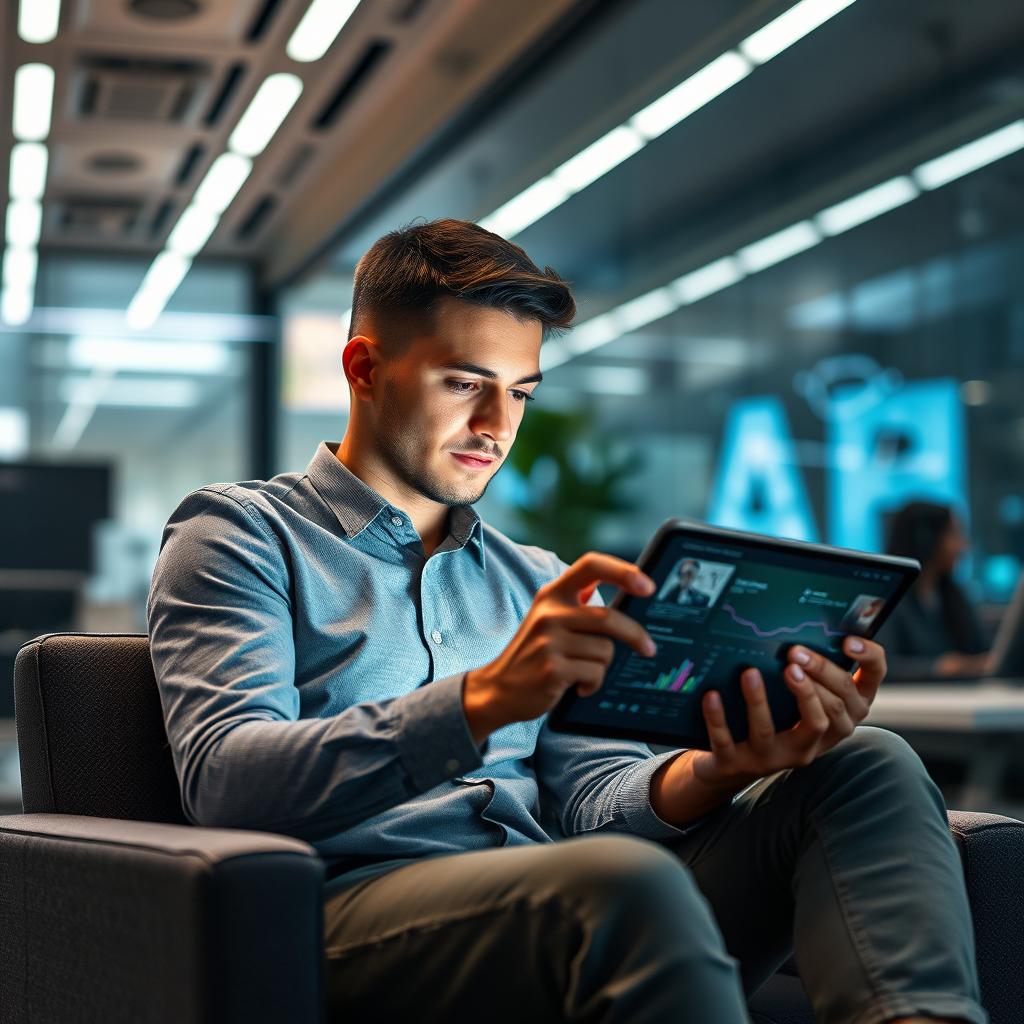 Billedet viser en ung professionel, der koncentreret interagerer med en tablet, hvor ChatGPTs interface er tydeligt synligt. Personen sidder i en moderne kontorindstilling, omgivet af et åbent, futuristisk kontormiljø præget af LED-skærme, der præsenterer AI-analyser og visuelle datarepræsentationer. Kompositionen fokuserer på det engagerede ansigt af den unge professionel, mens baggrunden dynamisk springer til liv med tekniske elementer, som understøtter temaet om innovation og teknologiens integration i arbejdslivet. Billedet er fanget med en Canon EOS R5 sammen med et RF 24-70mm f/2.8L IS USM objektiv. Eksponeringsindstillingerne blev valgt som 1/125 sekund, blænde f/4, og ISO 400 for at sikre en skarphed og klarhed, der fremhæver detaljerne i både personen og de teknologiske omgivelser. Lysopsætningen kombinerer naturligt lys fra vinduerne med blødt studielys, hvilket skaber en inviterende og moderne atmosfære, der perfekt visualiserer essensen af OpenAIs teknologiske fremskridt og deres partnerskab med Apple, som nævnt i artiklen.