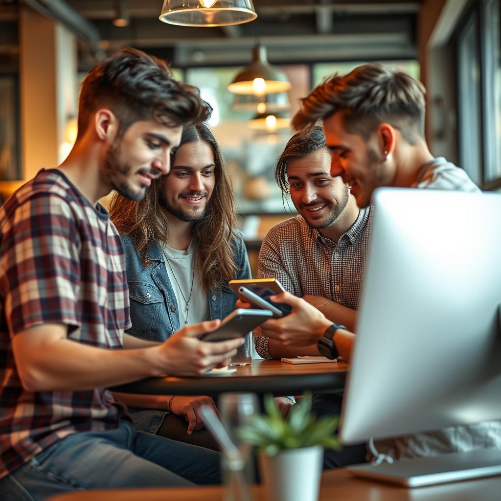For at illustrere den øgede interesse blandt unge brugere for AI-apps, forestiller jeg mig et dynamisk foto af en gruppe unge mennesker, der interagerer med forskellige digitale enheder i et moderne café-miljø. Billedet fanger dem i en livlig samtale, mens de allesammen ser engagerede ud i deres skærme, hvor forskellige AI-applikationer er åbnet. Kompositionen bygger på den gyldne snit-teori, hvor de centrale figurer er placeret mod højteknologiske elementer som computerskærme og tabletter, der samtidig bidrager til atmosfæren omkring dem. Jeg vil bruge et Canon EOS R5 med et RF 28-70mm f/2.0L linse for at opnå en skarp dybde og en smuk bokeh, som fremhæver det livlige miljø. Eksponeringsindstillingerne ville være sat til f/2.8 for en behagelig dybdeskarphed, en lukkerhastighed på 1/125 sek. og ISO 400 for at sikre optimal klarhed under det naturlige lys, der strømmer ind fra vinduet. Billedet vil senere blive redigeret i Adobe Lightroom for at justere kontrasten og farverne, så det afspejler den energiske ånd blandt de unge brugere og deres entusiasme for teknologi og AI.