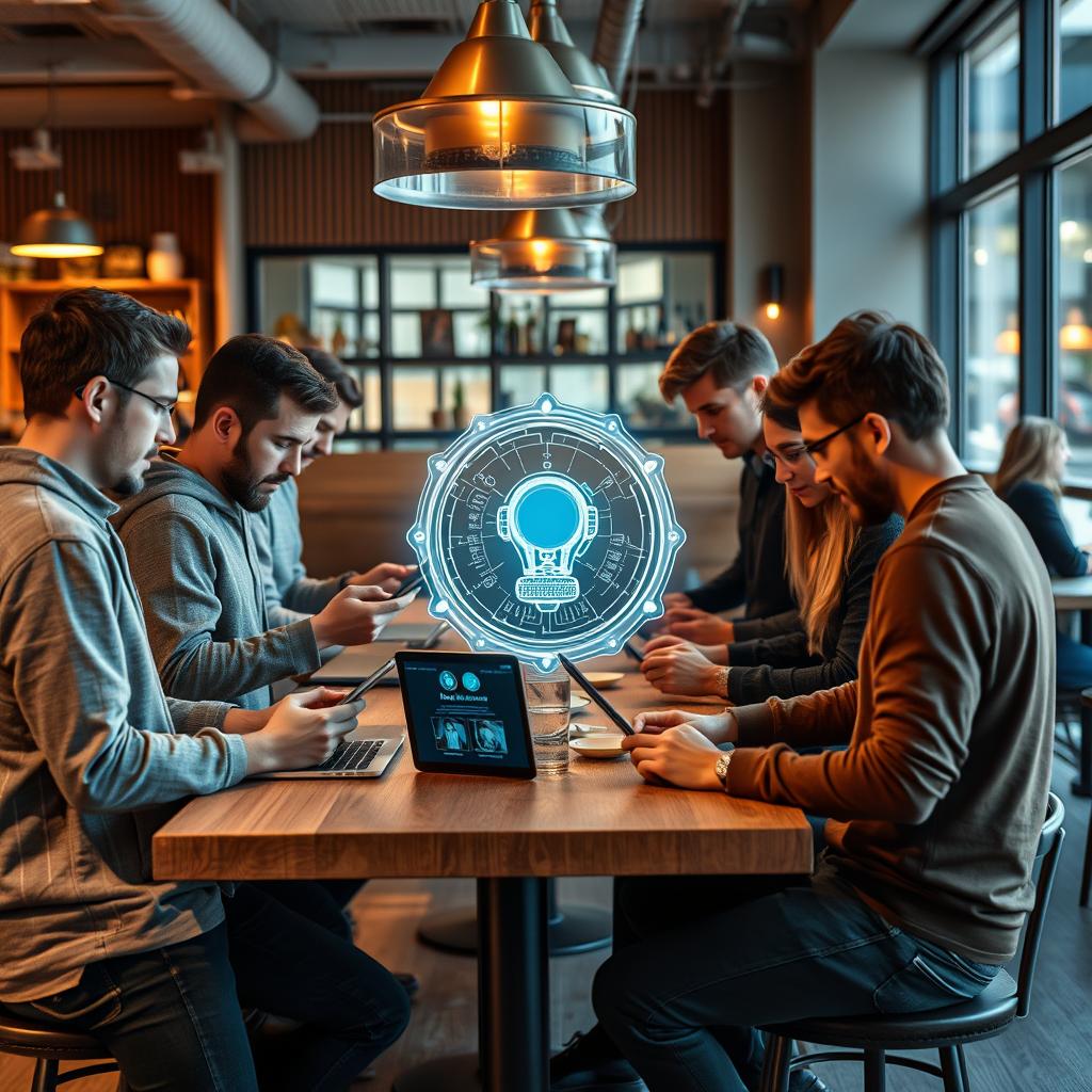 For at illustrere den dynamiske konvergens mellem AI-teknologi og forbrugernes engagement, forestiller jeg mig et farverigt foto af en gruppe unge mennesker, der står omkring et højteknologisk arbejdsbord i en moderne café. De interagerer aktivt med deres smartphones og laptops, mens de diskuterer en spændende AI-app. Øjeblikket fanger deres entusiasme og nysgerrighed, hvilket giver seeren en fornemmelse af spænding og innovation i den digitale verden. Kompositionen vil være bygget op om gyldne snit-teorien, hvilket placerer de centrale figurer og de digitale enheder i et harmonisk layout, der fanger opmærksomheden. Til dette skud vil jeg anvende et Canon EOS R5 sammen med et RF 28-70mm f/2.0L objektiv, hvilket sikrer en professionel klarhed og en smuk bokeh, der fremhæver detaljerne i miljøet. Jeg vil stille indstillingerne til f/2.8 for at opnå en rimelig dybdeskarphed, en lukkerhastighed på 1/125 sek. og ISO 400 for at optimere billedet i lyset fra de store vinduer. Efterfølgende vil billedet redigeres i Adobe Lightroom for netop at justere farverne og kontrasten, hvilket skal understrege den positive energi i interaktionen og den yngre generations passion for AI-teknologi.