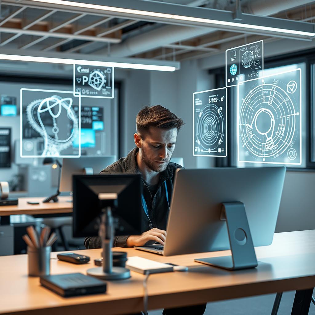Til denne artikel vil jeg tage et foto af et futuristisk kontormiljø, hvor en designer engageret arbejder med AI-drevet software til at skabe grafisk indhold. Billedet vil have designeren centreret i kompositionen, omgivet af flere skærme, der viser både selve designprocessen og grænsefladen af AI-værktøjet. Det dynamiske miljø symboliserer interaktionen mellem menneskelig kreativitet og AI, hvilket er centralt for diskussionen omkring ophavsret i relation til AI-genererede værker. Jeg vil anvende mit Canon EOS R5 kamera, parret med en 24-70mm f/2.8 linse for optimal skarphed og dybdeskarphed. Eksponeringen vil blive indstillet til f/4, ISO 400 og en lukketid på 1/60 sekunder for at fange den naturlige belysning, mens jeg sikrer, at lys fra skærmene bidrager til at fremhæve det kreative engagement. Efterbehandlingen vil finde sted i Adobe Lightroom, hvor kontrast og farver vil blive justeret for at understrege den innovative atmosfære, som teknologien bringer ind i kreative processer.