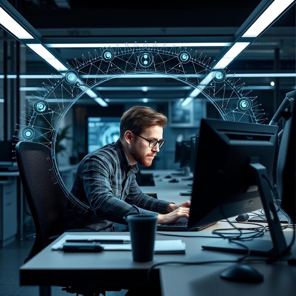 For at illustrere temaerne omkring AIs indvirkning i det kreative arbejdsområde, vil jeg tage et billede i et futuristisk kontormiljø. Motivet vil vise en designer, der dybt engageret arbejder med et AI-drevet designsoftware, hvor flere skærme omkring ham viser processen som en direkte manifestation af den kreative interaktion mellem menneske og maskine. Designeren vil være placeret centralt i kompositionen, hvilket understreger den menneskelige indflydelse i en teknologisk kontekst. Detaljerne i skærmene vil være vigtige for at formidle den informationsteknologiske dimension, der er afgørende i diskussionen om ophavsret. Jeg vil bruge et Canon EOS R5 kamera med en 24-70mm f/2.8 linse for at sikre optimal skarphed og en dybde, der fremhæver det dynamiske miljø. Billedets eksponering vil blive indstillet til f/4, ISO 400, og en lukketid på 1/60 sekunder for at fange det naturlige lys, kombineret med den kunstige belysning fra skærmene. Efterbehandlingen vil finde sted i Adobe Lightroom, hvor jeg vil justere kontraster og farver for at skabe en stemning, der afspejler den innovative og kreative energi, der præger fremtiden for AI og ophavsret.