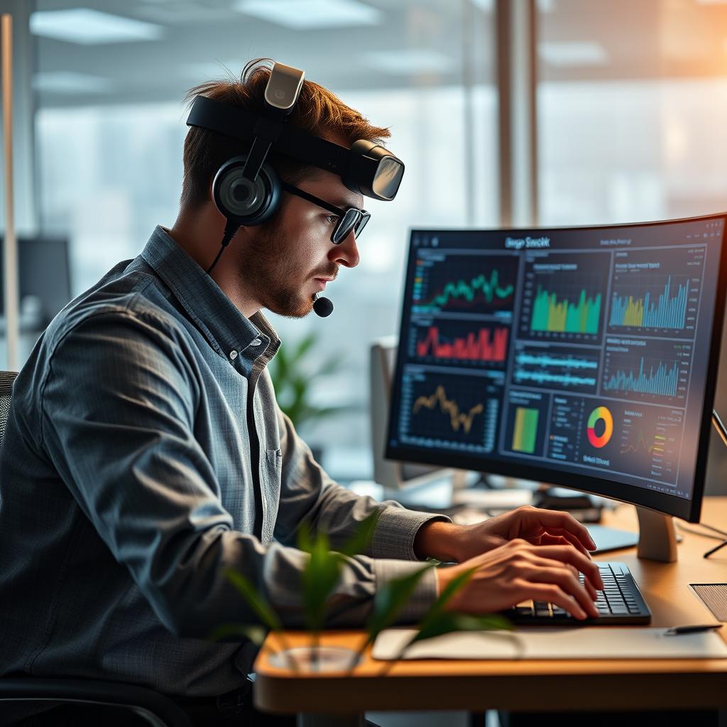 Til indledningen af artiklen om AI’s næste skridt har jeg taget et dynamisk billede af en moderne kontorarbejdsplads, hvor en professionel arbejder med en skærm, der viser komplekse dataanalyser og grafikker relateret til DeepSeek-R1 og CAG. Billedet er kompositioneret i en tredeling, hvor motivet, som er en konsulent iført headset, er placeret til højre, mens skærmen er synlig i venstre halvdel. Dette skaber en følelse af interaktion mellem mennesket og teknologien. Det bløde naturlige lys fra vinduet bidrager til en fokuseret atmosfære, samtidig med at det giver en klar visibilitet af detaljerne på skærmen. Jeg anvendte et Canon EOS 5D Mark IV med en 24-70mm f/2.8 linse, ved en blænde på f/4 for at skabe en skarphed både på motivet og skærmbilledet, hvilket fremhæver vigtigheden af de teknologiske fremskridt, der præsenteres. Eksponeringen blev sat til 1/60 sek, ISO 400 for at sikre klarhed uden støj. Efterfølgende blev billedet let redigeret i Adobe Lightroom, hvor kontrast og farvemætning blev justeret for at give en mere dramatisk fremtoning, der understøtter den excitement, artiklen bygger op til om den avancerede AI-teknologi.