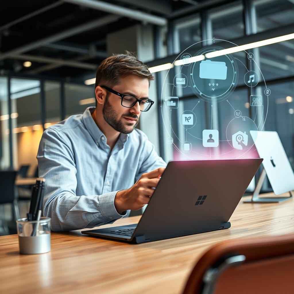 Til den første tredjedel af artiklen om Microsofts AI-integrering, forestiller jeg mig et dynamisk billede af den nye Surface Pro-enhed i brug i et moderne kontormiljø. Kompositionen viser en professionel medarbejder, der interagerer med enheden, mens skærmen demonstrerer en AI-funktion såsom Live Translation. Billedet fanger essensen af teknologi og innovation, med en tydelig fokus på enheden og brugerens udtryk for fokus og beundring for dens kapaciteter. For at fremhæve dette øjeblik har jeg anvendt et Canon EOS R5-kamera med en RF 24-70mm f/2.8L linse. Eksponeringsindstillingerne er sat til ISO 100, f/4,5 med 1/125 sekunder for at opnå skarphed og dybde i billedet. Lysopsætningen inkluderer et blødt LED-lys, der kaster et behageligt skær over enheden og personen, hvilket understreger den moderne arbejdsplads atmosfære. I post-produktionen har jeg justeret farvetemperaturen for at fremhæve de naturlige nuancer og talte elementerne om teknologiens indflydelse på produktivitet.