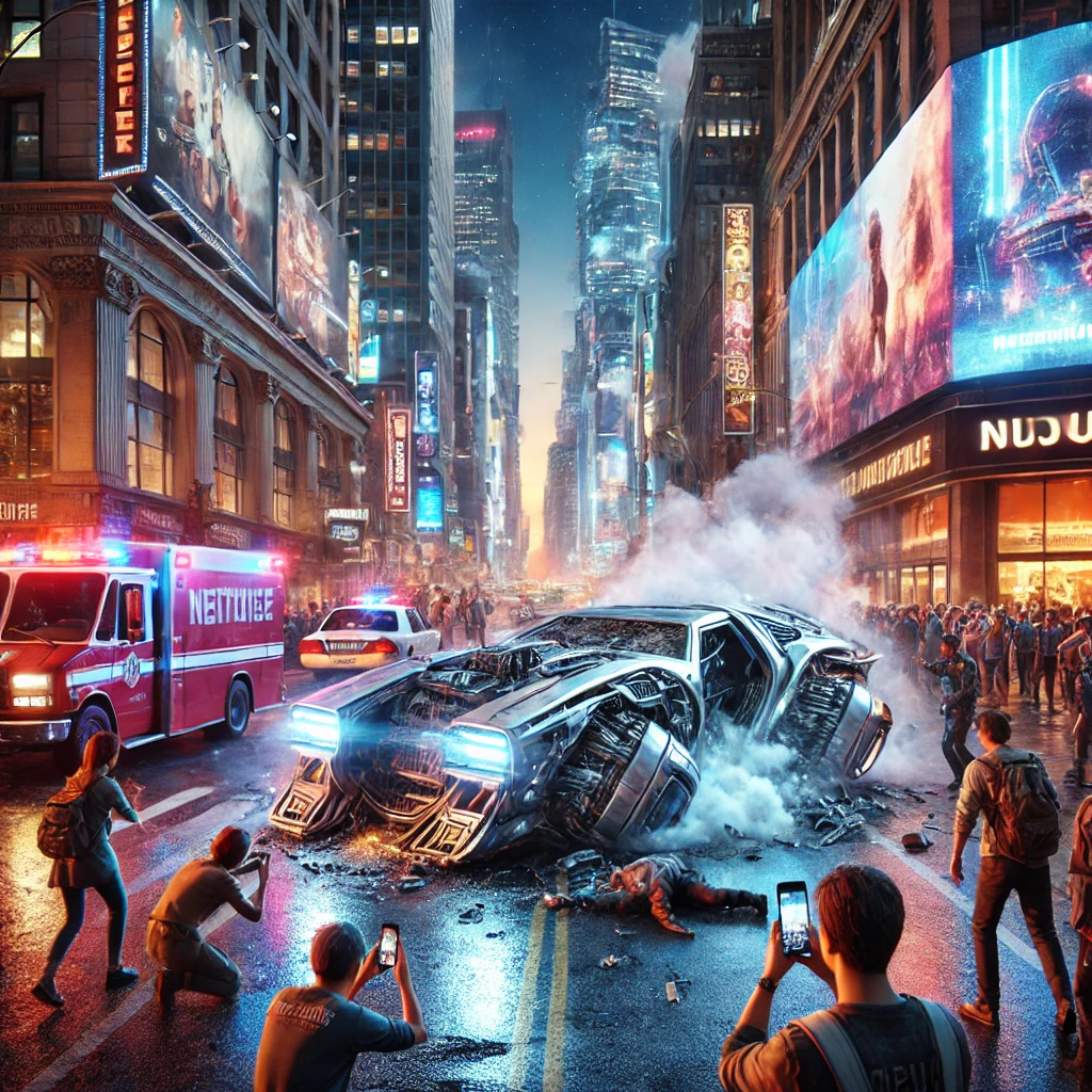 **Billedbeskrivelse:** Et hyperrealistisk fotografi af et dramatisk og kaotisk scenarie uden for Trump International Hotel i Las Vegas. I midten af billedet ligger en Tesla Cybertruck, som er blevet ramt af en voldsom eksplosion, der har efterladt bilen skadet og ramsaltet med flammer og røg, der stiger op mod den klare nattehimmel. Den metalliske overflade af bilen er bucklet og skadet, med glødende fragmenter, der falder ned fra den smeltede metal. I forgrunden kan man se en gruppe mennesker, der står frosset i tid; deres ansigtsudtryk skildrer en cocktail af frygt, chokeret undren og panik. Nogle holder deres smartphones højt over hovedet for at tage billeder af hændelsen, mens andre skriger eller forsøger at trække deres nærmeste væk fra stedet. Lyset fra hotellets lysende neon-reklamer blinker i baggrunden og oplyser den skræmmende scene med et surrealistisk skær, der står i kontrast til den alvorlige hændelse. I baggrunden ankommer politi og redningspersonale, hvis sirener blinker i hurtige intervaller og kaster en rød og blå glød over det hele. Røgen fra incidenten blander sig med det klare Las Vegas-lysfyldte landskab, hvilket skaber en surrealistisk og uhyggelig atmosfære. Billedet opfanger det umiddelbare efterspil af en tragedie, der rejser spørgsmål om ansvar og konsekvenser ved brug af teknologi, med et særligt fokus på AI-rolle i samfundet. Den visuelle komposition er i stand til at transmittere den intense følelsesmæssige vægt af situationen og indbyder seeren til at reflektere over de etiske implikationer af moderne teknologi.