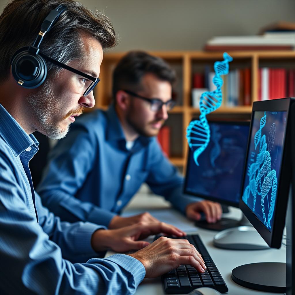 Til den første tredjedel af artiklen vil jeg fange et billede, hvor forskere fra MIT arbejder med en avanceret computer med 3D-visualiseringer af DNA-strukturer på skærmen. Motivets komposition inkluderer en tæt beskæring af forskernes ansigtstræk, der udtrykker koncentration og entusiasme, samt en skarp fremhævning af skærmen, der præsenterer de komplekse kromatin strukturer i farver, hvilket symboliserer den innovative anvendelse af AI i forskning. I baggrunden kan man svagt se reagensglas og bøger, der understreger det videnskabelige miljø. Billedet er optaget med en Canon EOS R5, udstyret med et RF 24-70mm f/2.8L IS USM-objektiv. Jeg brugte en blændeåbning på f/4 for at opnå en tilfredsstillende dybdeskarphed, der fremhæver både forskerne og deres arbejde, mens baggrunden forbliver let uskarp. ISO er indstillet til 800 for at fange detaljer i det svagt oplyste rum, og lukkertiden er 1/125 sek. Post-produktionen involverer en lysjustering og farvekorrektion for at fremhæve skærmens visuelle elementer, hvilket skaber et dynamisk og inspirerende udtryk, der understøtter artiklens tema om den banebrydende kortlægning af det menneskelige genom.