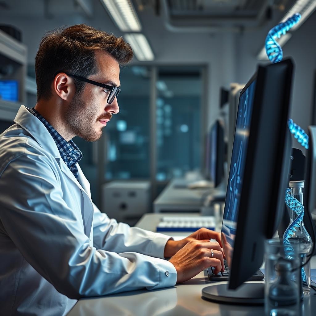 For dette foto, der komplimenterer den midterste sektion om AIs rolle i det moderne forskningsmiljø, vil motivet centrere omkring en forsker fra MIT, der arbejder intensivt ved en computer med en stor skærm, der viser en 3D-visualisering af kromatinstrukturer. Kompositionen fokuserer på forskeren, hvis ansigtstræk udstråler beslutsomhed og nysgerrighed, mens skærmen lyser op og fremhæver de komplekse, farverige DNA-strukturer. I baggrunden indfanger vi et moderne laboratoriemiljø, der inkluderer avanceret udstyr og forskningsmateriale, som understøtter det innovative aspekt af ChromoGen-modellen. Billedet er optaget med en Nikon Z7 II, udstyret med en NIKKOR Z 24-70mm f/2.8 S linse. Lukkertiden blev fastsat til 1/160 sek. ved f/4 for at holde detaljerne skarpe mellem forskeren og skærmen, mens baggrunden forbliver lidt sløret. ISO var indstillet til 1600 for at sikre optimale lysforhold i det svagt oplyste laboratorium. Post-produktionen inkluderede en let kontrastforøgelse og farvekorrektion for at fremhæve skærmens visuelle elementer og give et inspirerende udtryk, der afspejler den hastighed og præcision, som AI tilbyder i forbindelse med genomforskning.