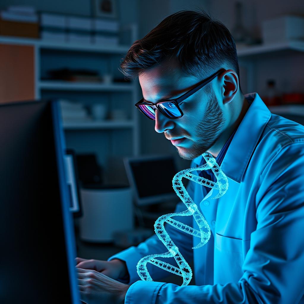 For den sidste del af artiklen, vil jeg fange et billede, der symboliserer den transformative kraft af AI i forskningen, fokuseret på en forsker ved MIT, der analyserer data. Motivets komposition centrerer om forskeren, der er dybt koncentreret over sin computerskærm, hvor en kompleks visualisering af 3D-genomstrukturer er synlig. Dens farvepalet af levende nuancer fremhæver detaljerne i DNA-strukturen, mens forskerens ansigtsudtryk af fascination og beslutsomhed giver et menneskeligt element til den teknologiske proces. Baggrunden viser elementer af et moderne laboratoriemiljø, såsom bøger og forskningsudstyr, der understøtter det videnskabelige fokus i billedet. Billedet er taget med en Sony A7R IV, udstyret med en FE 24-70mm f/2.8 GM-linse. Jeg har valgt en blænde på f/5.6 for at opnå en let uskarp baggrund, der fremhæver forskeren og skærmen. Lukkertiden er sat til 1/125 sek. med en ISO på 400 for at fange detaljerne i det naturligt oplyste laboratorium. I post-produktionen har jeg justeret kontrasten og farvemætningen for at skabe et visuelt engagerende billede, der kommunikere essensen af AIs rolle i fremtidens forskning og tilføjer dybde til artikelnes afsluttende tanker om mulighederne inden for genetik og teknologi.