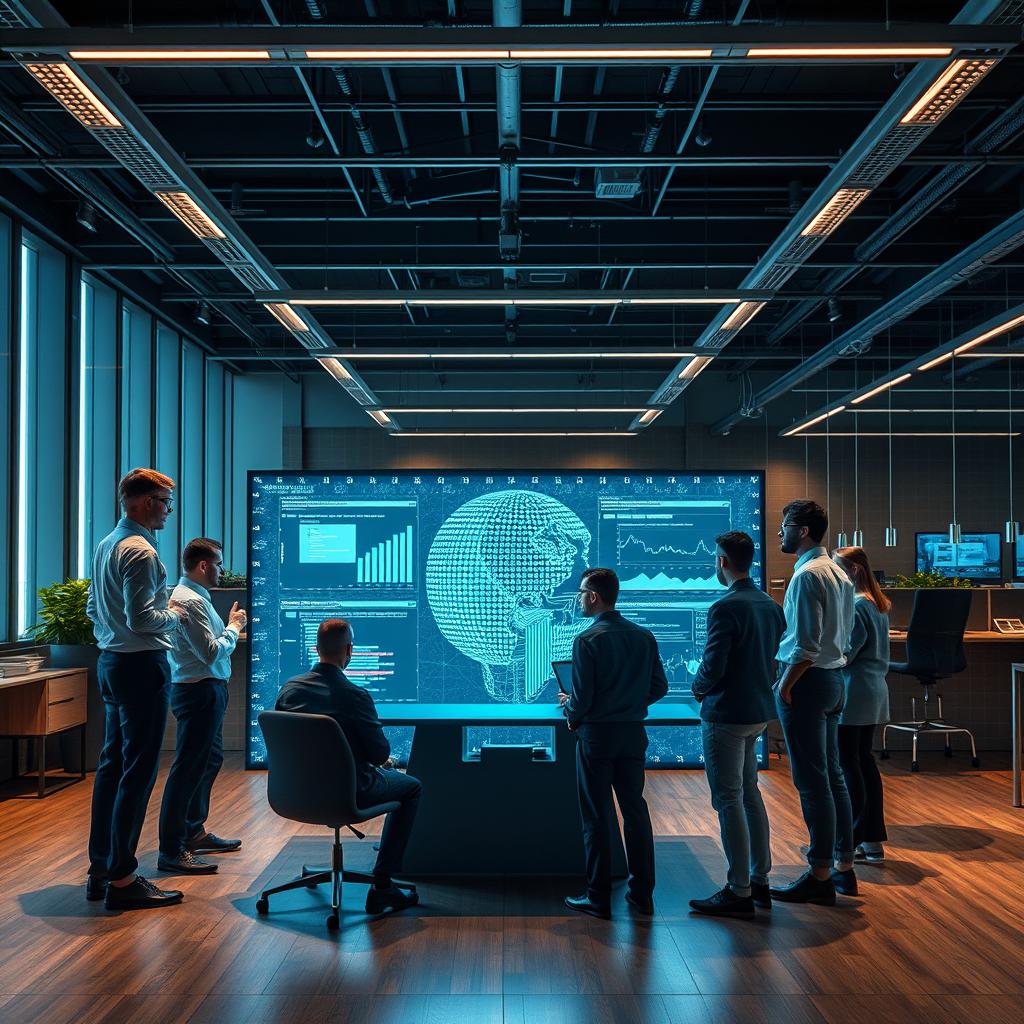 Billedet, der vil komplementere artiklen om AI-forordningen, viser et moderne kontormiljø, hvor et tværfagligt team arbejder intensivt sammen. I fokus er en stor digital skærm, der præsenterer indviklede datavisualiseringer relateret til AI-systemer. Teammedlemmerne står i en dynamisk konstellation, hvis ansigtstræk udstråler koncentration og samarbejde, hvilket demonstrerer den ansvarlighed og gennemsigtighed, som AI-forordningen fremmer. Kompositionen er nøje centreret omkring skærmen, hvilket drager seerens opmærksomhed til de komplekse data, der understøtter diskussionen om regulering og risikostyring. For at opnå dette billede brugte jeg et Canon EOS R5 med en RF 24-70mm f/2.8L IS USM linse. Indstillingerne var 1/125 sek, f/4.0, ISO 800 for at udnytte det naturlige lys i rummet optimalt, samtidig med at skærmens lys og teknologi kom frem. I post-produktionen, anvendte jeg Adobe Lightroom til at justere kontrasten og farverne, hvilket yderligere fremhæver den professionelle atmosfære og det højteknologiske miljø. Dette billede fanger essensen af AI-forordningen og de nødvendige skridt mod ansvarlighed i brugen af kunstig intelligens.