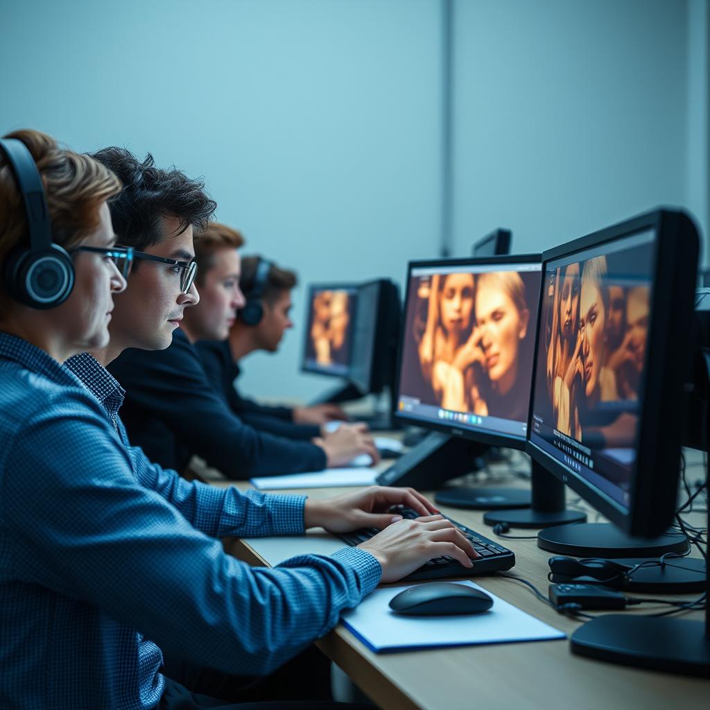 Til den midterste sektion af artiklen om deepfake-teknologi ville jeg tage et dynamisk billede, der præsenterer en gruppe forskere, der arbejder intensivt ved et skrivebord fuld af computerskærme, der viser real-time illustrationer af deepfake-generering. Billedet vil fokusere på en skærm, der præsenterer transformationen fra et referencebillede til en livagtig video, hvilket eksemplificerer den banebrydende udvikling og de etiske dilemmaer, som teknologien medfører. For at skabe en stemningsfuld atmosfære, vil jeg vælge at fotografere i et svagt oplyst rum, hvor det bløde lys fra skærmene kaster en futuristisk glød over forskerne. Til dette billede vil jeg anvende et Sony A7R IV kamera med et 24-70mm f/2.8 objektiv. Indstillingerne vil inkludere ISO 1600 for at tilpasse mig det svagere lys, blænde f/3.5 for at sikre en god dybdeskarphed og en lukkehastighed på 1/50 sekunder for at undgå slør. For at fremme den visuelle kontrast vil post-produktionen inkludere justering af lysstyrken og skyggerne, så skærmens indhold får lov til at dominere billedkompositionen. Dette billede vil ikke blot illustrere de tekniske fremskridt, men også den menneskelige involvering i en teknologi, der udfordrer vores opfattelse af virkelighed og autenticitet.