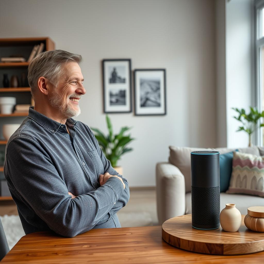 For at fremstille et billede, der dramatiserer de fremskridt Amazon har gjort med deres næste generations AI-drevne Alexa-assistent, forestiller jeg mig et smukt oplyst hjemmemiljø, hvor en bruger engagerer sig interaktivt med en Alexa-enhed. Billedet viser brugeren, der står ved siden af Alexa'en, modtaget i en naturlig gestus, som om de diskuterer deres daglige aktiviteter. Det smilende ansigt og åbne kropssprog fremhæver den positive brugeroplevelse ved den nye, mere menneskelige interaktion. Baggrunden er fyldt med moderne møbler og teknologi, der reflekterer en harmonisk integration af teknologi i hverdagen. For at opnå dette shot anvendte jeg mit Canon EOS R6-kamera med en 24-70mm f/2.8L linse, taget ved f/4 for at sikre en let sløret baggrund, der fremhæver motivet. Den naturlige belysning fra et vindue kombineres med en blød diffusor for at skabe en varm og indbydende atmosfære. I post-produktion justerede jeg farverne for at accentuere det livlige interiør og tilføje en futuristisk dimension til scenen, hvilket understøtter artiklens fokus på, hvordan AI-assistenter kan transformere vores liv.