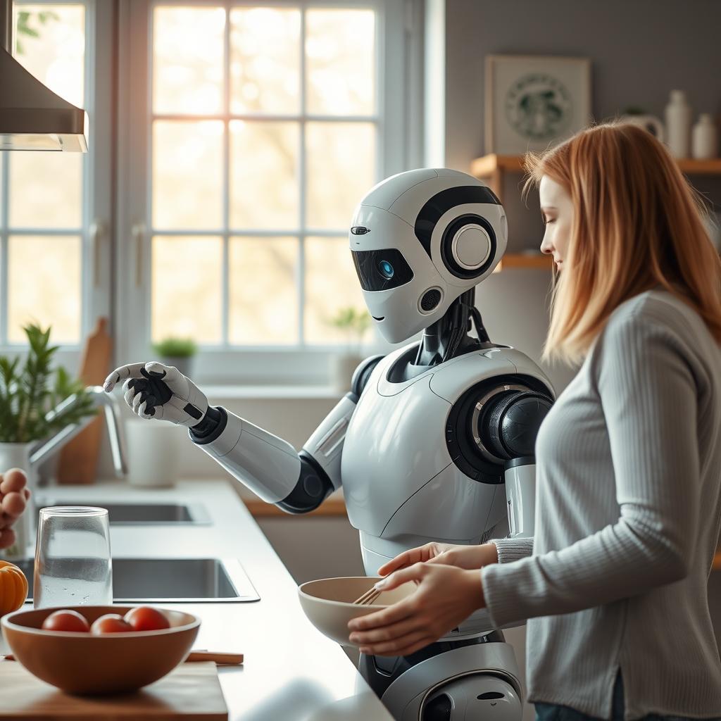 Jeg vil tage et billede, der viser det innovative og samarbejdende aspekt af menneske-robot interaktion. Motivets centrale fokus vil være en moderne humanoid robot, placeret i et lyst og åbent køkkenmiljø, hvor den assisterer en kvinde i at forberede et måltid. Billedet vil være komponeret fra et let skråner perspektiv, der fremhæver dynamikken mellem mennesket og robotten, således at der skabes en følelse af samarbejde. Det naturlige lys, der strømmer ind fra vinduerne, vil give billedet en varm og indbydende atmosfære, der understøtter emnet i artiklen. Jeg vil bruge et Nikon Z6 II kamera med en Nikkor Z 35mm f/1.8 S-linse. Eksponeringsindstillingerne vil være ISO 100, f/2.8 og 1/80 sekunder, hvilket giver en behagelig dybdeskarphed, der muliggør fokusering på både robotten og den menneskelige bruger. Efterfølgende vil jeg redigere billedet i Adobe Lightroom for at justere lys og kontrast, så det fremhæver det futuristiske element ved robotter i hjemmet, mens det stadig fremstår realistisk og tilgængeligt, og understøtter artiklens budskab om menneske-robot samarbejde.