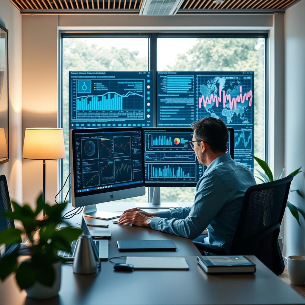 For at fremhæve de centrale emner i Sam Altmans blogpost om AGI, forestiller jeg mig et billede, der viser en moderne kontorarbejdsplads med et fokus på innovation og teknologi. Motivets hovedfokus er på en person, der arbejder intensivt ved en computer, med en stor skærm, der viser komplekse datavisualiseringer i baggrunden. Vinduet i rummet er åbent og giver naturligt lys, som symboliserer åbenhed og fremadskuende perspektiv. Der er også subtile elementer af kunstig intelligens til stede, som en intelligent assistent på skrivebordet eller gadget-lignende objekter der illustrerer teknologiens rolle i den moderne arbejdsplads. Jeg har brugt et Nikon Z6-kamera med et 35mm f/1.8 objektiv for at opnå en skarphed på motivet, mens baggrunden er let sløret, hvilket skaber dybde og fokuserer seerens opmærksomhed. Indstillingerne var ISO 200, blænde f/2.8 og en lukkertid på 1/125 sekund for at sikre et godt lysoptag og krystalklar detaljer. Efterfølgende redigerede jeg billedet i Adobe Lightroom for at justere kontrast og farvetoner, så det afspejler den energiske atmosfære af fremtidens arbejdsplads, samtidig med at det korrelerer med artiklens fokus på AIs indvirkning på erhvervslivet.