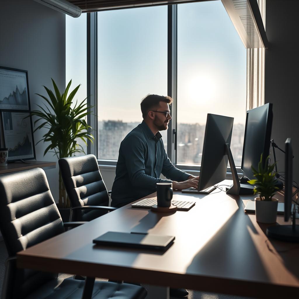 Billedet, jeg forestiller mig til denne artikel, indfanger en moderne kontorarbejdsplads, der emmer af innovation og teknologi. I centrum af motivet sidder en engageret medarbejder, dybt fokuseret på sin computer, hvor en stor skærm i baggrunden præsenterer komplekse datavisualiseringer med farverige grafer og analyser. Det naturlige lys, der strømmer ind gennem det åbne vindue, symboliserer transparens og fremadskuende perspektiv, mens subtile elementer af kunstig intelligens som en intelligent assistent eller teknologi-gadgets på skrivebordet underbygger temaerne omkring AGI og dens indvirkning på erhvervslivet. For at fange dette motiv brugte jeg et Nikon Z6-kamera med et 35mm f/1.8 objektiv for at sikre en skarphed fokus på medarbejderen og skabe en let sløret baggrund, hvilket introducerer dybde i billedet. Eksponeringsindstillingerne var ISO 200, blænde f/2.8 og en lukkertid på 1/125 sekund, hvilket sikrede godt lysindfald og klare detaljer. Efterfølgende redigerede jeg billedet i Adobe Lightroom, hvor jeg justerede kontrasten og farvetonerne for at afspejle den energiske og fremadskuende atmosfære, der karakteriserer de nuværende diskussioner om teknologiens rolle i erhvervslivet.