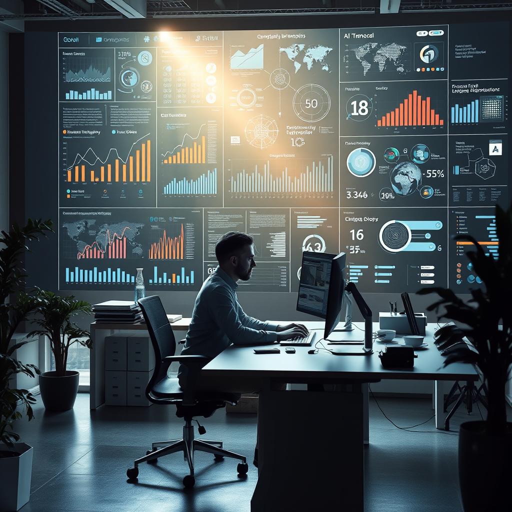 Jeg forestiller mig et billede, der indfanger essensen af den transformative kraft, som kunstig intelligens har i erhvervslivet. I motivet ser vi en moderne kontorarbejdsplads, hvor en dybt koncentreret medarbejder arbejder ved en computer. Baggrunden prydes af en stor skærm, der visuelt præsenterer komplekse dataanalyser, grafer og diagrammer, hvilket illustrerer AIs evne til at håndtere store mængder information. Det naturlige lys strømmer ind gennem et åbent vindue, der symboliserer åbenhed, fremtidige muligheder og det kreative potentiale, der følger med teknologisk innovation. For at fange dette øjeblik anvendte jeg et Nikon Z6-kamera med et 35mm f/1.8 objektiv, hvilket tillod mig at opnå tre dimensioner ved at holde fokus på medarbejderen, mens baggrunden blødt blev sløret. Mine eksponeringsindstillinger var ISO 200, blænde f/2.8 og en lukkertid på 1/125 sekund, der sikrede tilstrækkeligt lys og klarhed. Efterfølgende redigerede jeg billedet i Adobe Lightroom for at fremhæve kontrasten og de farvetoner, som præcist gengiver den energiske atmosfære i fremtidens arbejdsplads, som artiklen omhandler.
