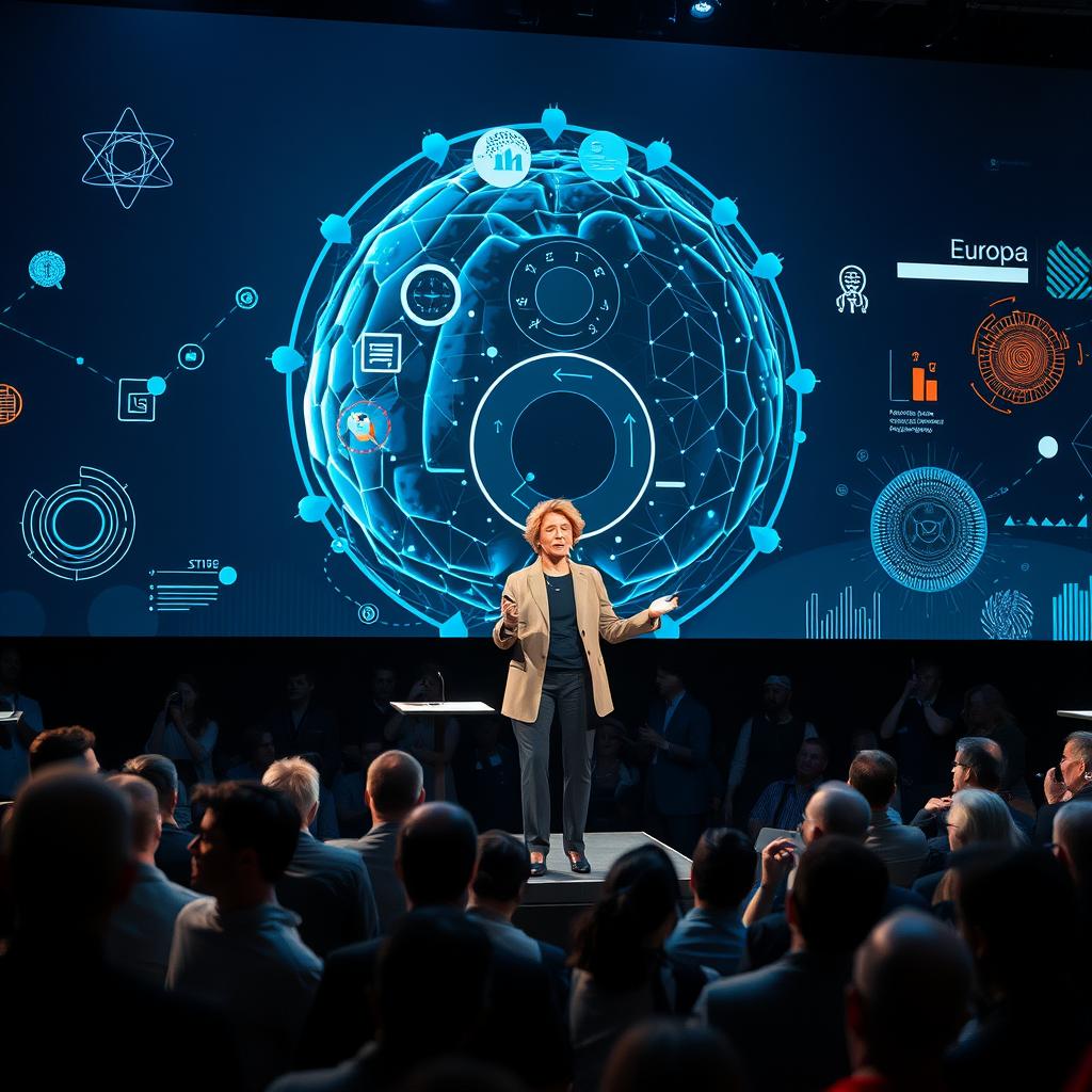 For at illustrere den transformative vision, som Ursula von der Leyen præsenterede på AI Action Summit i Paris, forestiller jeg mig et dynamisk billede taget fra en høj vinkel, der fanger både taleren på scenen og det engagerede publikum foran hende. Baggrunden prydes af store skærme, der viser fremragende visuelle repræsentationer af AI-teknologier og grafikker, der symboliserer Europas ambitioner inden for artificial intelligence. Billedet er kompositorisk opbygget ved hjælp af det gyldne snit, hvilket fremhæver både von der Leyen og den information, hun præsenterer, mens publikum demonstrerer et aktivt engagement i hendes vision. Kameraet, en Canon EOS R5, er udstyret med et RF 24-70mm f/2.8L IS USM-objektiv, og indstillingerne er sat til en blænde på f/4 for at sikre en skarphed i hele billedet, samtidig med at der skabes en let bokeh-effekt, der danner en blød baggrund. Jeg har valgt en lukkerhastighed på 1/125 sekunder med en ISO-værdi på 800 for at kunne indfange scenens detaljer uden at miste lyset fra de store skærme. Post-produktionen inkluderer farvekorrektion og skarphedsforøgelse for at skabe et mere dramatisk og engagerende udtryk, der fanger essensen af den spændende udvikling i Europas AI-landskab.
