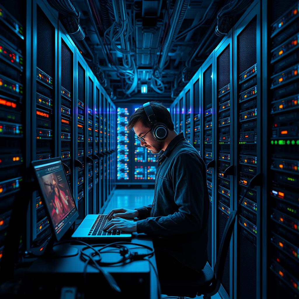 Billedet, jeg planlægger at tage til artiklen om AI-modellernes skalering udfordringer, vil være en dramatisk skildring af et moderne serverrum fyldt med racks af kraftfulde GPU'er. Kompositionen vil placere en dedikeret programmerer i fokus i forgrunden, der intenst arbejder ved sin skærm, mens det bløde blå lys fra de mange aktive skærme skaber en futuristisk aura. Den svage belysning kombineret med de kaotiske kabler og den travle atmosfære vil understrege den koncentration og det hårde arbejde, der kræves for at navigere de komplekse udfordringer ved skalering af AI-modeller. For at opnå dette billede vil jeg bruge et Canon EOS R5-kamera med en 24-70mm f/2.8-linse, indstillet til en blænde på f/4 for at give en tilfredsstillende dybdeskarphed. Lukkerhastigheden vil være sat til 1/60 sek. med en ISO-værdi på 800, hvilket sikrer, at alle detaljer i det svage lys fanges uden tab af kvalitet. Redigeringsprocessen vil fokuseres på at fremhæve kontrasterne mellem lys og skygge, samt justere farvetemperaturen for at forstærke det blå lys, så det skaber en stemningsfuld atmosfære, der spejler artiklens fokus på de tekniske og menneskelige aspekter ved AI-udvikling.