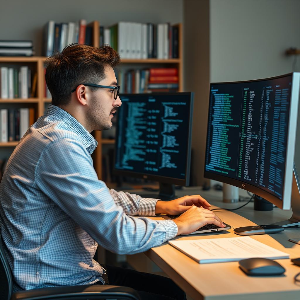 Til den midterste del af artiklen, der diskuterer udfordringerne ved konventionelle metoder i matrixmultiplikation, ville et ideelt billede vise en skærm med komplekse matrixoperationer i aktion. Billedet skal fange øjeblikket af en dataforsker, der arbejder på en moderne computer, mens resultaterne fra matrixmultiplikationer vises i realtid. Baggrunden kunne være en kontormiljø med bøger og dokumenter om deep learning og matrixmultiplikation, der understreger den akademiske og praktiske side af udfordringerne. Billedet kan tages med et Nikon Z6 II-kamera udstyret med en NIKKOR Z 24-70mm f/2.8-linse for at opnå en balanceret skarphed og dybdeskarphed. Eksponeringsindstillingerne kunne være 1/125 sekund ved f/4.0 og ISO 800 for at fange detaljerne i både forskeren og skærmen, uden for meget lysblænding fra computerens skærm. I post-produktionen kunne der anvendes Adobe Lightroom til at justere lysstyrke og kontrast, så skærmindholdet fremstår tydeligt, hvad der hjælper med at fremhæve relevansen af effektive metoder til matrixmultiplikation i deep learning.