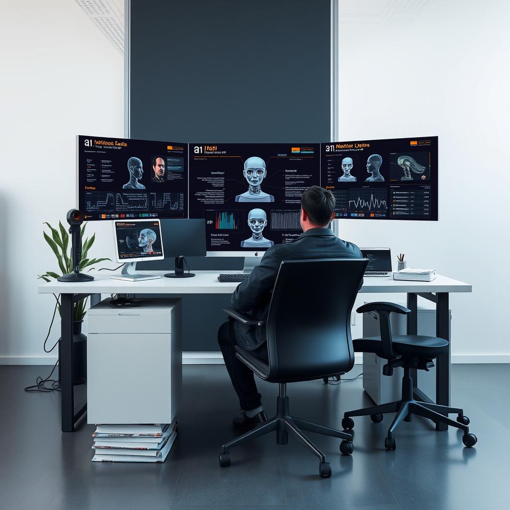 Til at illustrere den innovative AI-teknologi, som ElevenLabs anvender, vil jeg tage et billede i et moderne kontormiljø, hvor en arbejdsstation står centralt. På skærmen vil der være synlige elementer fra software, der viser AI-narratorer i aktion, mens stakke af lydbøger ligger i nærheden, der symboliserer den hurtige og effektive produktion, som platformen gør mulig. Kompositionen vil søge at fremhæve harmonien mellem teknologi og kreativitet, samtidig med at den skaber en energi, der afspejler det dynamiske arbejdsmiljø hos ElevenLabs. Billedet vil blive taget med et Canon EOS R5 kamera og et RF 24-70mm f/2.8 L IS USM objektiv. Jeg planlægger at bruge ISO 400, blænde f/4 og en lukkertid på 1/125 sekunder for at sikre skarpe detaljer, mens baggrunden forbliver let sløret, hvilket lægger fokus på computeren og bøgerne. I post-produktionen vil jeg justere kontrast og farvetoner for at give billedet en futuristisk atmosfære, der upåklageligt repræsenterer ElevenLabs' vision for lydbogsproduktionens fremtid.
