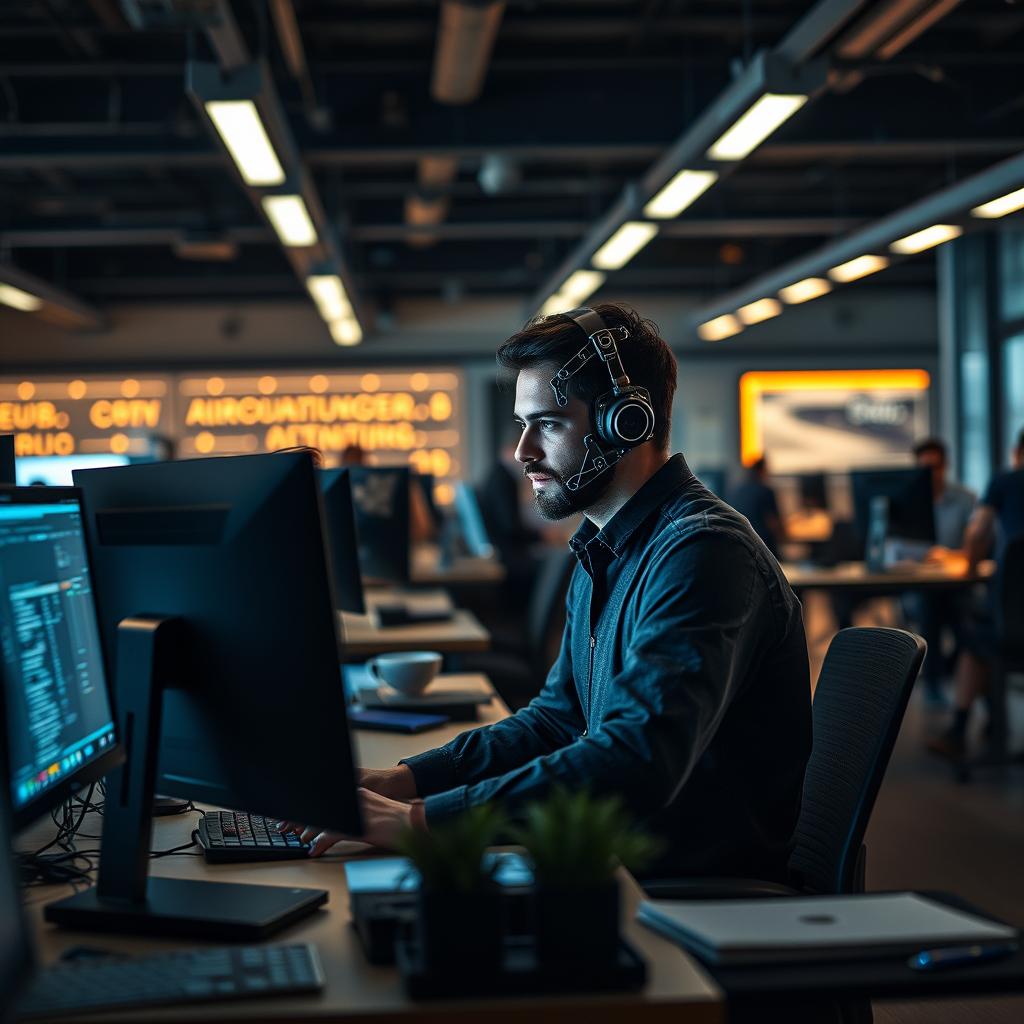 Til den indledende del af artiklen om AI som værktøj på arbejdsmarkedet, forestiller jeg mig et billede, der viser en programmør, der arbejder intenst ved en computer, omgivet af en dynamisk arbejdsplads fyldt med skærme, notater og AI-værktøjer. Kompositionen skal bruge en lav vinkel, der fanger programmøren i fokus, mens baggrunden initierer bevægelse og aktivitet i kontormiljøet. Dette fanger essensen af spændingen ved arbejdet med AI og de moderne teknologier, der præger branchen. Jeg vil anvende et Canon EOS R5 kamera med et 24-70mm f/2.8 objektiv for at sikre skarphed og dybde i billedet. Med en blænde på f/4 for at have en let uskarp baggrund, og en lukkertid på 1/125 sekunder for at fryse de subtile bevægelser, der opstår i et travlt kontormiljø. Billedet vil blive redigeret i Adobe Lightroom for at forbedre farverne og kontrasten, hvilket understreger den teknologiske atmosfære og skaber en synlig forbindelse til artiklens fokus på AIs transformative indflydelse på arbejdsmarkedet.