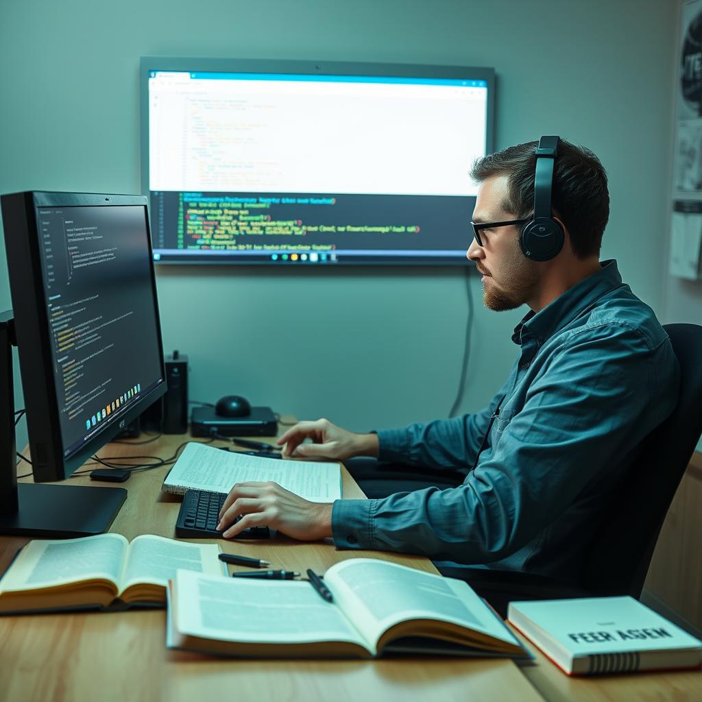 For det afgørende afsnit om, hvordan AI fungerer som støtte og ikke som erstatning, forestiller jeg mig et inspirerende billede, der viser en softwareudvikler, der interagerer med en AI-assistent på en personlig computer. Billedet fanger øjeblikket, hvor udvikleren viser en agerig interesse for skærmen, der viser AI-genererede forslag til kodeoptimering. Kompositionen anvender en naturlig åbenhed, hvor udvikleren er centreret ved skærmen, omgivet af notesbøger og teknologisk udstyr, der illustrerer arbejdsmiljøets dynamik. Jeg vil bruge et Nikon Z6 II kamera sammen med et 35mm f/1.8 objektiv for at opnå en smuk dybdeskarphed og belysning. Indstillingerne vil omfatte en blænde på f/2.8 for at skabe en let uskarp baggrund, mens lukkertiden er sat til 1/160 sekunder for at fryse de aktive gestusser, der spejler samarbejdet mellem menneske og maskine. Efterfølgende vil jeg redigere billedet med Adobe Photoshop for at justere lys, kontrast og farvetoner, så det fremhæver den nyskabende energi ved at integrere AI som et centralt redskab i programmering.