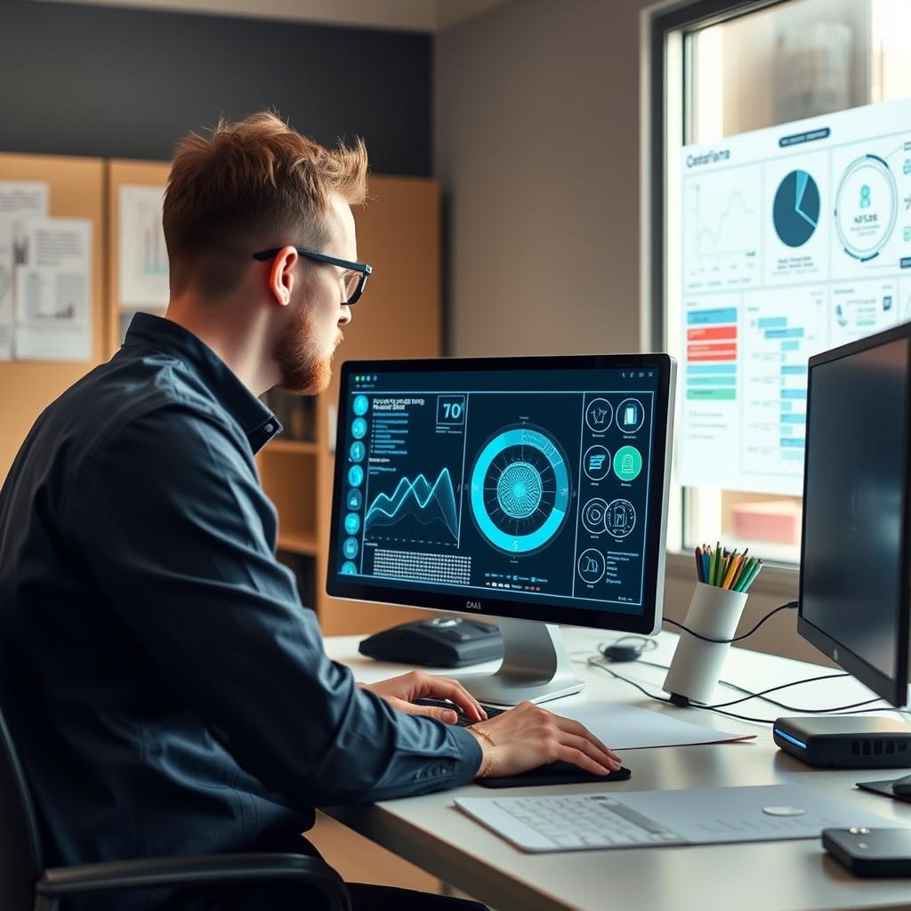 Billedet, der vil komplementere indledningen af artiklen, viser en moderne arbejdsstation, hvor en udvikler arbejder med AI-teknologi. I forgrunden ses en bærbar computer, der viser en visualisering af Gemma 3s grænseflade, mens der på skærmen er grafiske elementer, der signalerer beregningskraft og ressourcer. I baggrunden kan man se en væg fyldt med grafikker og diagrammer, der illustrerer AIs ressourcetræk og sikkerhedsbehov. Billedet er taget i et miljø med blødt, naturligt lys, hvilket fremhæver den innovative atmosfære. Den tekniske opsætning involverer brug af et Sony A7R III kamera med et 35mm f/1.4 objektiv for at skabe en skarp, dybdeskarphed, mens de bløde lysfald fra vinduet giver en varm og indbydende stemning. Eksponeringstiden er sat til 1/60 sekunder ved en blænde på f/2.8 og ISO 400, hvilket balancerer lys og klarhed i billedet. Post-produktionen involverer en let farvejustering for at fremhæve de blå og grønne nuancer for at understrege teknologiens fremadskuende natur, der matcher konteksten af Gemma 3s effektivitet og tilgængelighed.