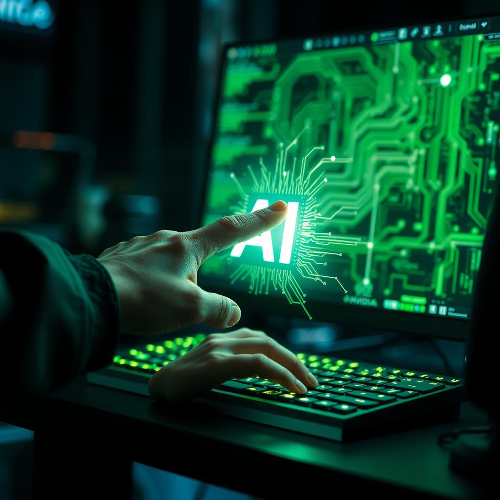 Til den afsluttende del af artiklen om Nvidias fremtrædende rolle i AI-sektoren ville et billede af en moderne, futuristisk computeropsætning, hvor en AI-algoritme er synlig på skærmen, være ideelt. Billedet vil vise en skærm, der præsenterer komplekse datamønstre med et dynamisk lys, der strømmer henover skærmen, og understreger den innovative teknologi, der anvendes. En hånd, der styrrer musen, kan skabe en menneskelig forbindelse, som indikerer den aktive deltagelse i teknologiudvikling. Baggrunden kan være en stiliseret kontorplads, som fremhæver det professionelle og moderne miljø, hvor AI løsninger bliver udviklet. Jeg ville tage dette billede med mit Nikon Z6-kamera, udstyret med en 50mm f/1.8-linse for at give en flot sul mod blød baggrund. Med en blændeåbning indstillet til f/2.8 og en lukketid på 1/125 sekunder ville jeg sikre, at både skærmien og håndens bevægelse forbliver skarpe. Under post-produktionen ville jeg anvende Adobe Photoshop til at justere lys og farver, så det fremhæver den dynamiske og fremadskuende atmosfære, der præger Nvidias engagement i AI-teknologi.