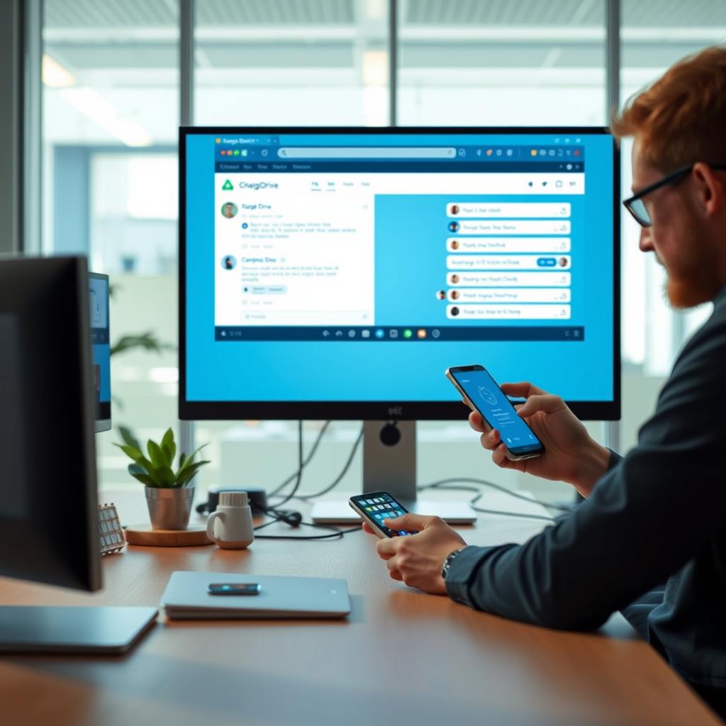 Billedet, der vil passe perfekt til artiklen om OpenAIs ChatGPT Connectors, viser et moderne kontorlandskab fyldt med interaktion og teknologi. I denne scene er medarbejdere dybt engageret i deres arbejde, hvor fokus er rettet mod en stor computerskærm, der viser en aktiv Slack-chat, hvor ChatGPT intelligent responderer på brugerens forespørgsler. I forgrunden står en bærbar computer med Google Drive åbnet, mens en medarbejder aktivt anvender sin smartphone, hvilket indkapsler den innovative integration mellem disse værktøjer. Baggrunden fremstår lys og indbydende, symboliserende den kollegiale ånd af samarbejde og nyskabelse. Jeg vil anvende et Canon EOS R5-kamera sammen med et 24-70mm f/2.8 objektiv til at opnå den ønskede dybde og skarphed på interaktionen i billedet. Mine indstillinger vil være 1/125 sek., f/4 og ISO 400 for at sikre, at lysforholdene i kontormiljøet udnyttes optimalt, mens der skabes et professionelt og klart look. Efterfølgende vil farverne og kontrasten blive justeret i Lightroom for at bringe dynamikken i billedet frem, hvilket vil understøtte artiklens budskab om, hvordan ChatGPT Connectors transformer arbejdspladser til mere effektive og datadrevne miljøer.