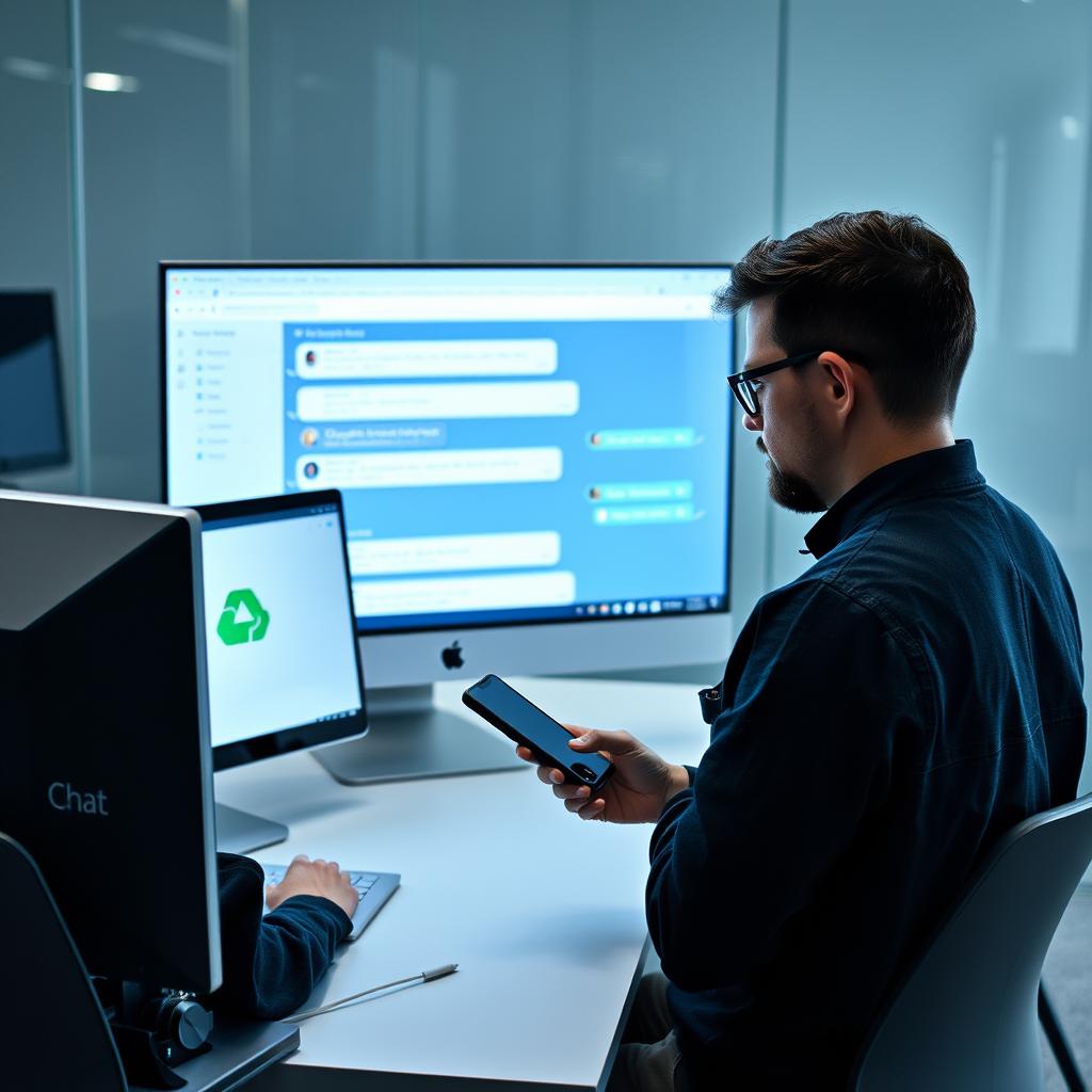 Billedet, der vil komplementere artiklen om OpenAIs ChatGPT Connectors, vil skildre en dynamisk arbejdspladsindstilling, hvor medarbejdere interagerer med teknologi. I fokus står en stor, lys computerskærm, der tydeligt viser en Slack-chat, hvor ChatGPT aktivt besvarer forespørgsler fra brugerne. Foran skærmen er en bærbar computer med Google Drive åbnet, mens en medarbejder, dybt koncentreret, bruger sin smartphone til at følge med i interaktionen. Baggrunden er indrettet med klare, moderne møbler, der symboliserer innovation og samarbejde, hvilket skaber en indbydende atmosfære. Jeg vil anvende et Canon EOS R5-kamera sammen med et 24-70mm f/2.8 objektiv for at fange detaljerne og dybden i scenen. Med indstillingerne 1/125 sek., f/4 og ISO 400 vil jeg sikre, at det naturlige lys i kontormiljøet bliver udnyttet optimalt. Efterfølgende vil jeg justere farverne og kontrasten i Lightroom for at fremhæve det energiske miljø og understrege, hvordan ChatGPT Connectors revolutionerer virksomheders arbejdsmetoder ved at kombinere AI med allerede eksisterende værktøjer.