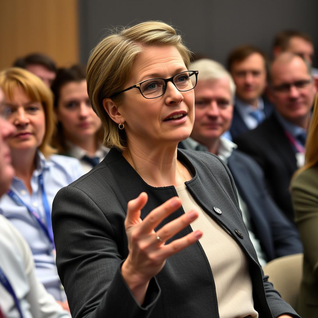 Til denne artikel vil jeg tage et billede af statsminister Mette Frederiksen, der taler ved Kommunernes Landsforenings topmøde, omgivet af en livlig forsamling af kommunalpolitikere og erhvervsledere. Billedet vil fange hende i et øjeblik, hvor hun gestikulerer med passion, hvilket symboliserer hendes vision om at føre Danmark ind i en ny æra med kunstig intelligens. Kompositionen vil inkludere mennesker i baggrunden, der lytter opmærksomt og interagerer med hinanden, hvilket understreger det politiske fokus og samfundsengagementet. Jeg vil anvende et Canon EOS R5 kamera med en 24-70mm f/2.8 linse for at opnå en skarphed i fokus på statsministeren, mens baggrunden er let uskarp, hvilket skaber dybde og kontekst. For at fremhæve den energiske atmosfære vil jeg bruge en blød belysning med en let højlysning på ansigtstrækene, eksponeringsindstillingerne vil være ISO 800, blænde f/4 og en lukketid på 1/250 sek. Efterfølgende vil jeg redigere billedet for at forbedre farverne og kontrasten, så det fremstår levende og dynamisk, hvilket vil tiltrække læserens opmærksomhed på den begejstring, der omfavner AI-revolutionen i Danmark.