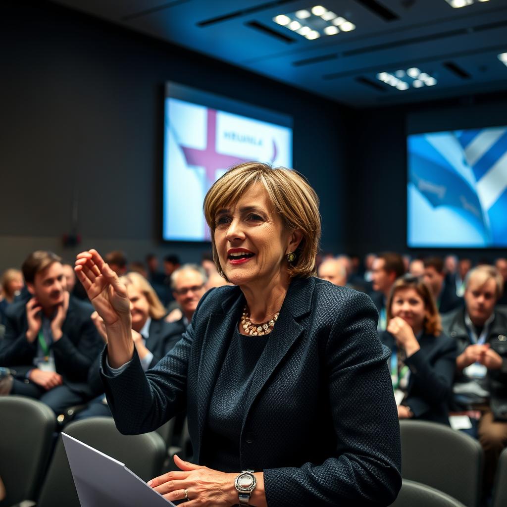 Billedet, der vil passe perfekt til den midterste sektion af artiklen, vil tage form af statsminister Mette Frederiksen, mens hun engagerer sig med en passioneret gestik ved Kommunernes Landsforenings topmøde. I denne konstruktion vil Mette stå i forgrunden med et udtryk præget af beslutsomhed, mens en livlig forsamling af kommunalpolitikere og erhvervsledere kan ses i baggrunden, der lytter opmærksomt. Dette billede vil symbolisere den politiske kontekst, hvor Danmark skal navigere i en tid med innovative løsninger og teknologiske fremskridt. For at opnå denne bildeserie vil jeg bruge min Canon EOS R5 med en 24-70mm f/2.8 linse, som tillader mig at skabe skarphed i fokus på statsministeren, mens baggrunden forbliver let uskarp for at fremhæve dybden i scenen. Eksponeringsindstillingerne vil være ISO 800, blænde f/4 og en lukketid på 1/250 sek, hvilket sikrer en klar optagelse trods den dynamiske atmosfære. Det endelige billede vil blive redigeret for at forstærke farver og kontraster, hvilket skaber en visuelt tiltalende illustration af Danmarks politiske ambitioner i forhold til kunstig intelligens.