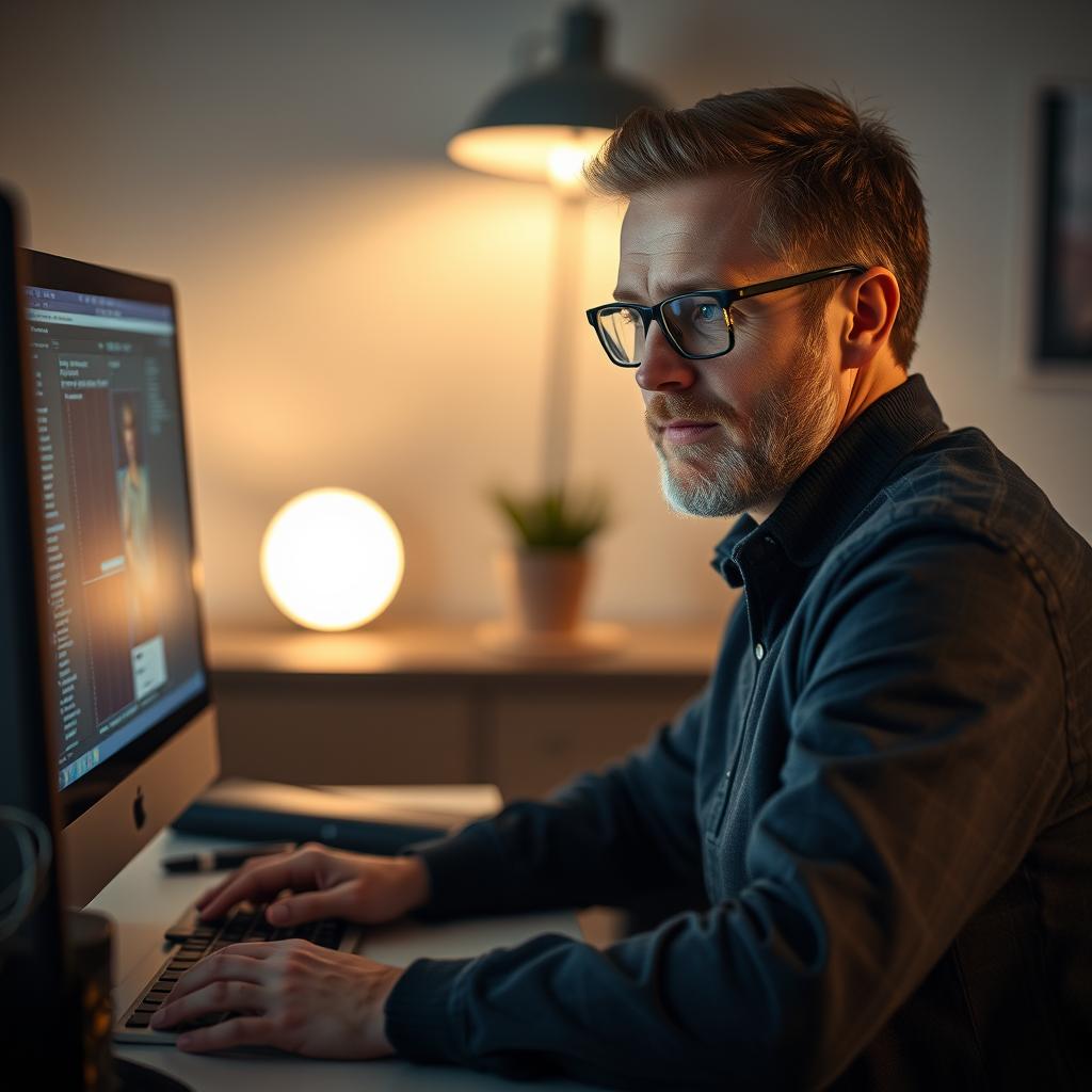 Til den midterste del af artiklen, hvor der vurderes den nye avancerede stemmetilstand fra OpenAI, kunne et billede fange en bruger, der interagerer med ChatGPT, men med fokus på et frusteret udtryk for bekymring over kvaliteten af den nye stemme. Billedet viser en person, der sidder ved en computer med hovedet forsigtigt lænet tilbage, mens deres hænder hviler på tastaturet, halvmørke nuancer i baggrunden skaber en dramatisk stemning. Lys fra skærmen spiller på brugerens ansigt, hvilket understreger den følelsesmæssige nuance i situationen og den teknologiske kontekst. Billedet blev taget med en Sony A7 III udstyrt med et 35mm f/1.4 objektiv, og med en blændeåbning på f/2 for at få en let uskarp baggrundseffekt, der trækker fokus til motivets ansigt. Eksponeringen var indstillet til 1/100 sekunder ved ISO 800 for at sikre klarhed trods det svage lys. Efterfølgende redigerede jeg billedet i Capture One for at justere farverne og kontrasten, så det ensartede belysningsmiljø matchede den overordnede følelse af skuffelse og indsigt i det centrale tema i artiklen.
