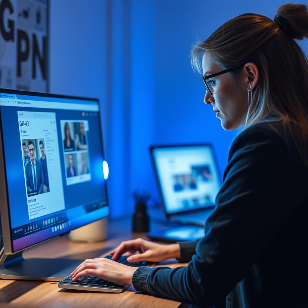For at fange essensen af GPT-4os betydelige teknologiske fremgang, har jeg taget et billede af en kreativ arbejdsstation. Skuddet viser en ung professionel dybt engageret i sit arbejde foran en computer, hvor skærmen stråler af lys og viser billeder skabt af den nye opdatering i ChatGPT. Hendes koncentrerede udtryk og de levende farver fra skærmen fremhæver den innovative og fremadskuende atmosfære, som opdateringen bringer med sig. Billedet indfanger en følelse af nysgerrighed og de muligheder, som teknologien rummer for både private og professionelle brugere. Jeg brugte mit Canon EOS R5 med en RF 35mm f/2.0 linse for at opnå en velafbalanceret komposition, der ikke kun isolerer motivet, men også får detaljerne i det kreative proces afspejlet. Indstillingerne var ISO 400, blænde f/2.8 og lukketid 1/100 sekund for at sikre, at fokus forblev skarpt på ansigtet og skærmens lys blev blødt og indbydende. Billedet blev efterbehandlet i Adobe Lightroom, hvor jeg justerede kontrast og klarhed for at intensivere de livfulde farver, hvilket yderligere understøtter temaet om teknologiens transformative kraft.