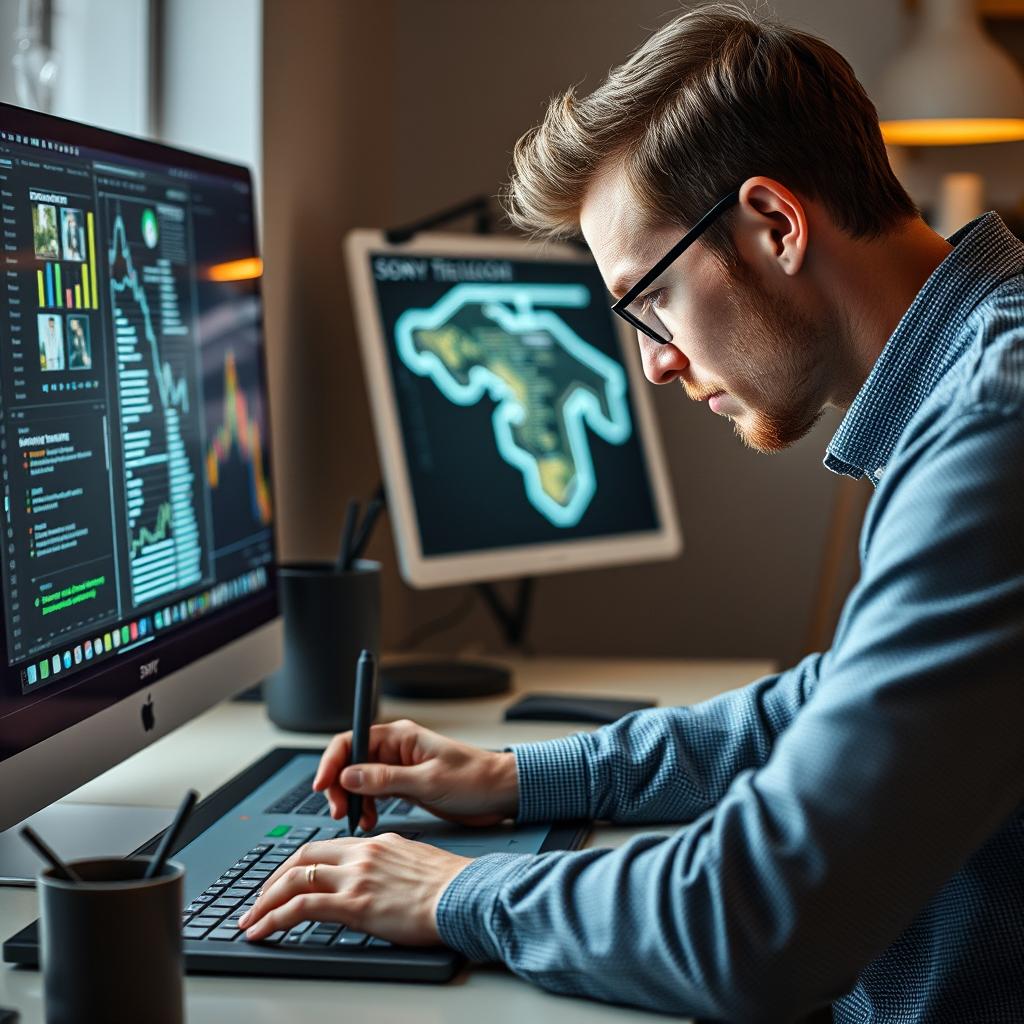 For artiklens midterste afsnit kunne et passende billede være et dynamisk skud af en grafisk designer, der interagerer med Ideogram 3.0 på sin computer. Dette billede bør fokusere på skærmen, hvor levende og farverige genererede billeder vises, mens designerens ansigt udstråler koncentration og begejstring. Kompositionen kan inkludere nærbilleder af designerens hænder, der elegant navigerer på en grafiktablet og tastatur, hvilket skaber en visuel forbindelse mellem det kreative arbejde og den digitale teknologi. Billedet vil blive taget med et Sony A7 III-kamera, udstyret med et 35mm f/1.4 objektiv, og indstillingen vil inkludere en blændeåbning på f/2.8 for en let sløret baggrund, så fokus forbliver på designeren og skærminholdet. Lukkertiden vil være sat til 1/50 sekunder for at fange det bløde lys fra LED-belysningen, der skulle være strategisk placeret for at give varme til scenen. Efterfølgende redigering i Adobe Photoshop vil inkludere justering af lys og kontrast for at skabe en inspirerende atmosfære, der fremhæver den kreative frihed, som Ideogram 3.0 tilbyder brugerne.