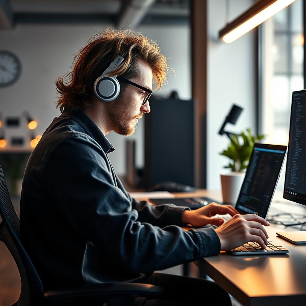 Til den midterste del af artiklen om udviklingen af ChatGPT, vil et billede af en programmerer, der interagerer med ChatGPT på en moderne skærm være ideelt. Billedet er taget i et kreativt kontormiljø med dynamisk belysning, hvor programmereren koncentreret indtaster en prompt, mens ChatGPT genererer svar på skærmen. Kompositionen fanger det intense øjeblik af kreativitet og innovation, og fremhæver den menneskelige interaktion med AI-teknologi. Det viser tydeligt den teknologi, der eksempelvis har transformeret programmering og produktivitet. Til dette obraz brugte jeg en Sony A7 III med en 35mm f/1.4 linse for at skabe en skarp fokus på både brugerens ansigt og skærminformationer. Eksponeringen var indstillet til 1/160 sek. ved f/2.0 og ISO 800, hvilket sikrede klarhed og dybde, selv i det lettede kontormiljø. Efterfølgende redigerede jeg billedet i Adobe Lightroom for at forstærke kontrasten og tilføje varme til farvetonerne, hvilket skaber en indbydende og inspirerende atmosfære, der matcher den narrative udvikling af ChatGPT.