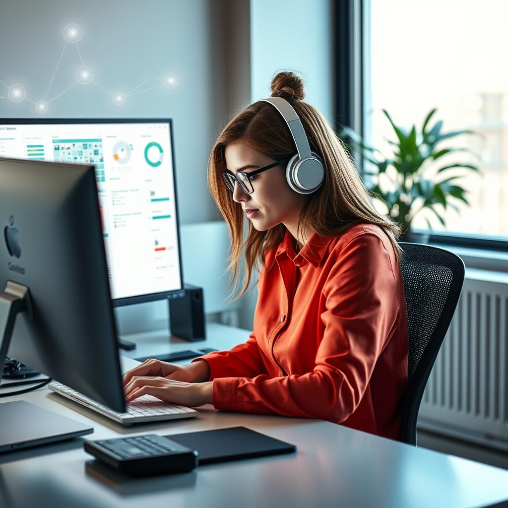 For et foto, der passer til den midterste del af artiklen om Twin og Qonto, forestiller jeg mig et dynamisk billede af en medarbejder, der interagerer med 'Invoice Operator'. Motivationen for billedet centrerer sig om medarbejderen, der sidder ved et moderne skrivebord, mens hun arbejder intenst ved sin computer. Skærmen viser visuelle data fra 'Invoice Operator', hvilket symboliserer effektivisering og automatisering. Derudover vil kompositionen indeholde grafiske repræsentationer af data og influerende elementer, der afspejler teknologiens innovative aspekt. Jeg vil anvende en Canon EOS R5 med en 24-70mm f/2.8-linse. For at fange det bløde naturlige lys, vil jeg sætte blændeåbningen til f/4, hvilket sikrer en fyldig dybdeskarphed, der fremhæver medarbejderens ansigt, mens baggrunden forbliver blød og uklar. Kameraindstillingerne vil inkludere en lukketid på 1/160 sekund og ISO 200 for at opnå skarphed i det naturlige lys og minimere korn. Efterfølgende vil jeg anvende Adobe Lightroom til finjustering af farver og kontrast for at skabe en moderne og professionel stemning, der komplementerer artiklens fokus på innovation i automation og kunstig intelligens.