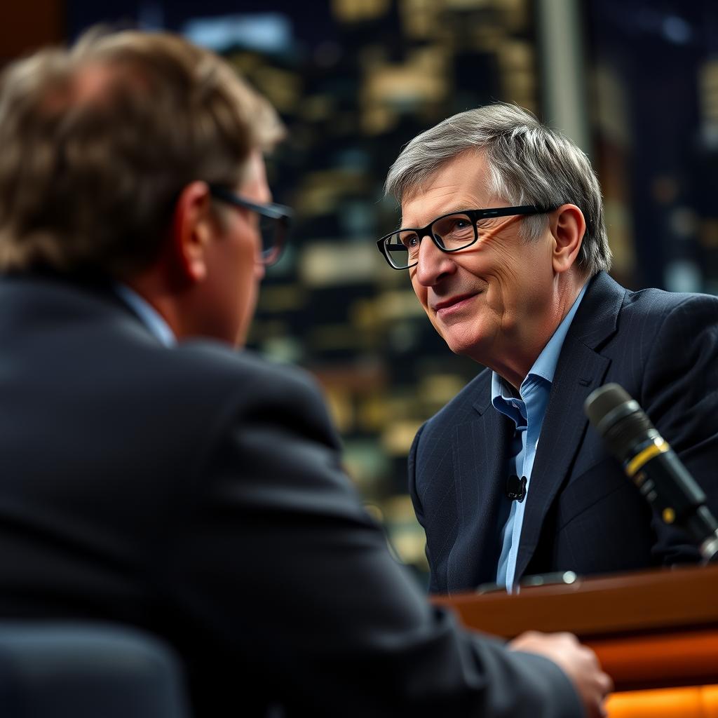 Til artiklen om Bill Gates' forudsigelse om en AI-fremtid vil et passende foto være et dramatisk billede af Bill Gates under hans interview med Jimmy Fallon. Billedet kan være indfanget med et Canon EOS R5 kamera, udstyret med et RF 50mm f/1.2 objektiv, der giver mulighed for en lav dybdeskarphed og en behagelig bokeh. Dette valg af linse sikrer, at både Gates og Fallon fremstår skarpt definerede, mens baggrunden blødt udviskes, hvilket fanger opmærksomheden på deres ansigtstræk og udtryk under diskussionen om AI’s betydning for fremtiden. Kompositionen bør følge tredelingsteorien, hvor Gates og Fallon placeres i de ydre sektioner af billedet, mens spotlightet fra scenen skaber en varm glød, der fremhæver de to personligheder. Dette visuelle udtryk skaber en følelse af intimitet og dybde, hvilket er ideelt til at understrege den alvorlige tone i deres diskussion om AIs indflydelse. Billedet ville også drage fordel af lidt efterbehandling i Adobe Lightroom til at justere lys, kontrast og farvetoner, så det fremstår både levende og professionelt.